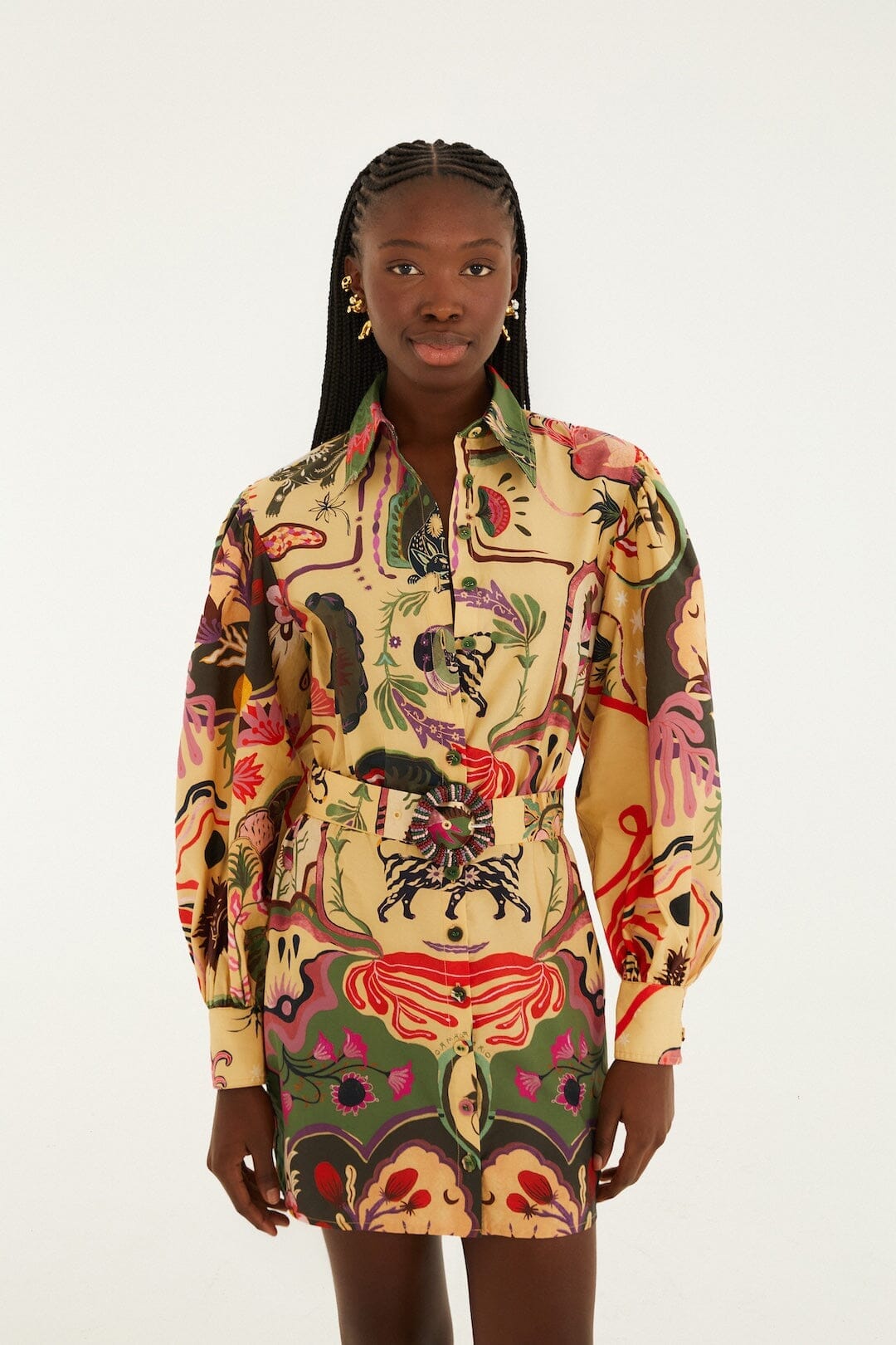 artsy surreal land beige mini dress long sleeve