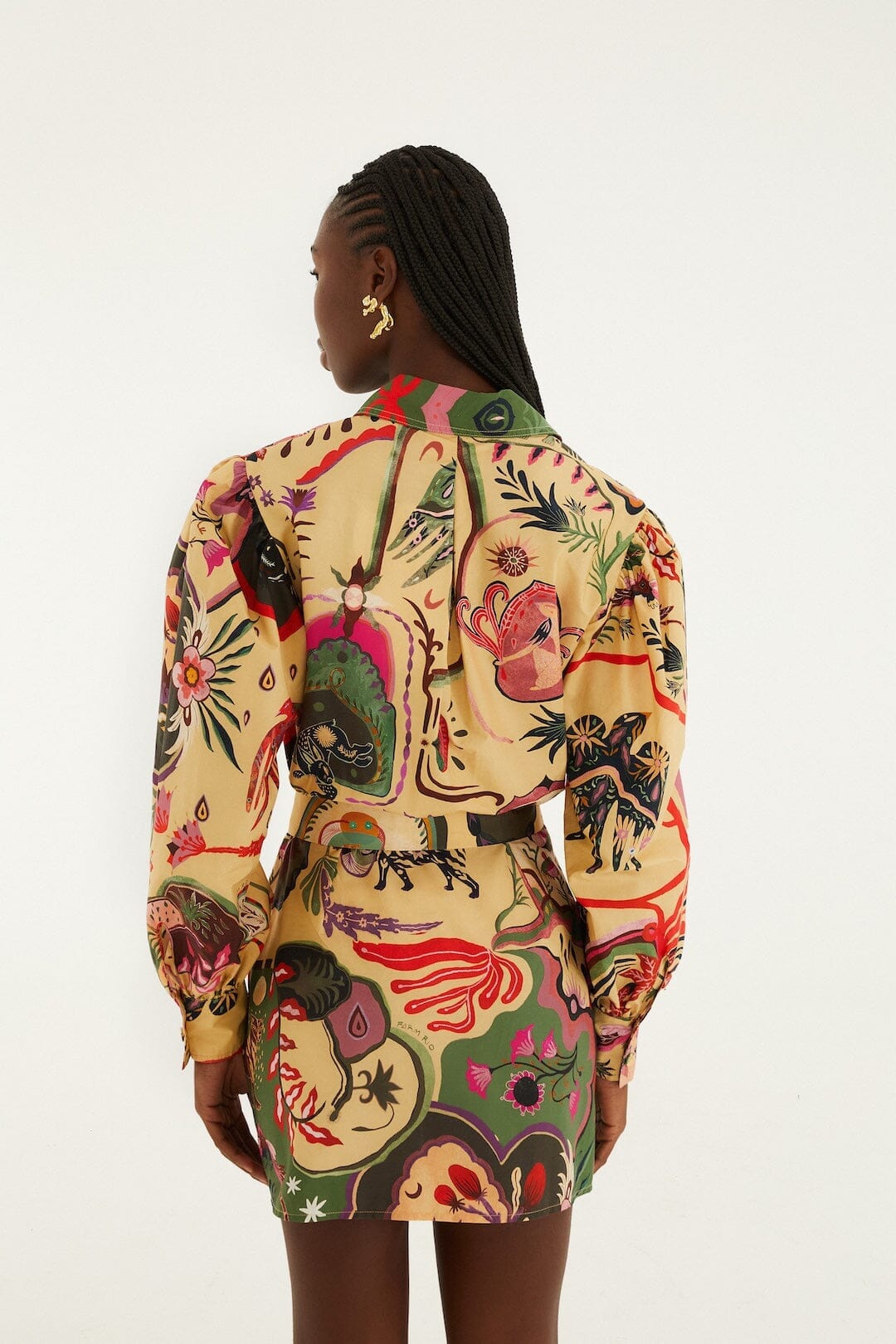 artsy surreal land beige mini dress long sleeve