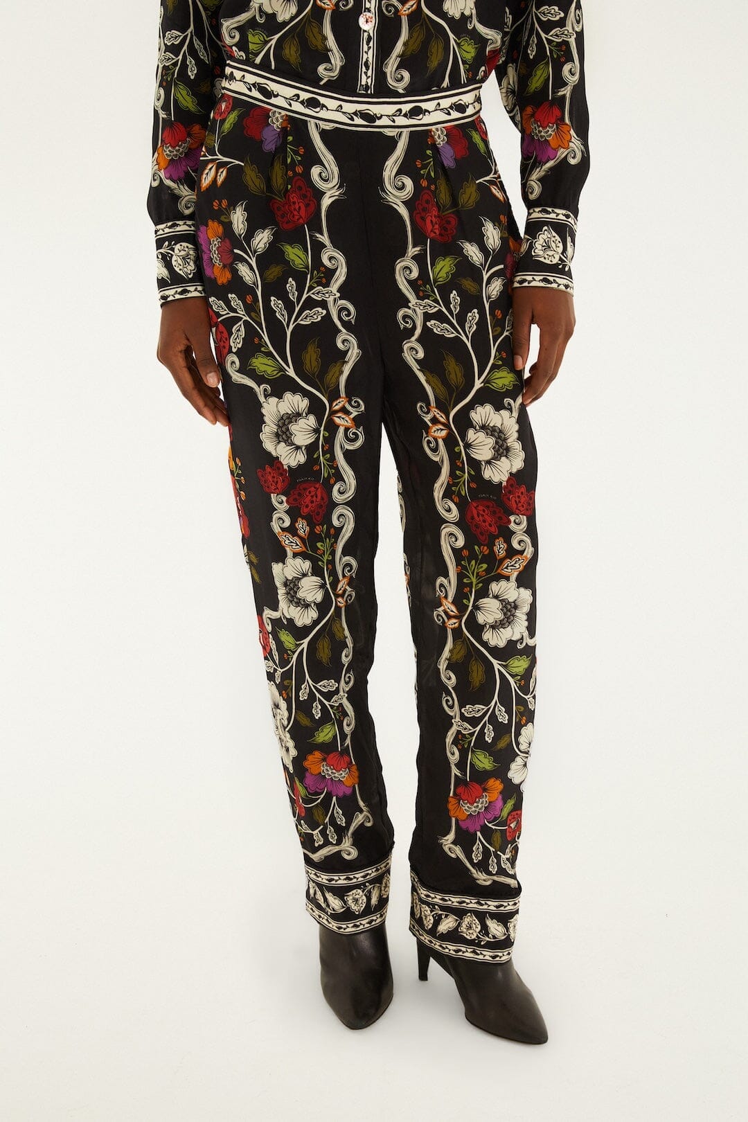 rococo flowers black pants