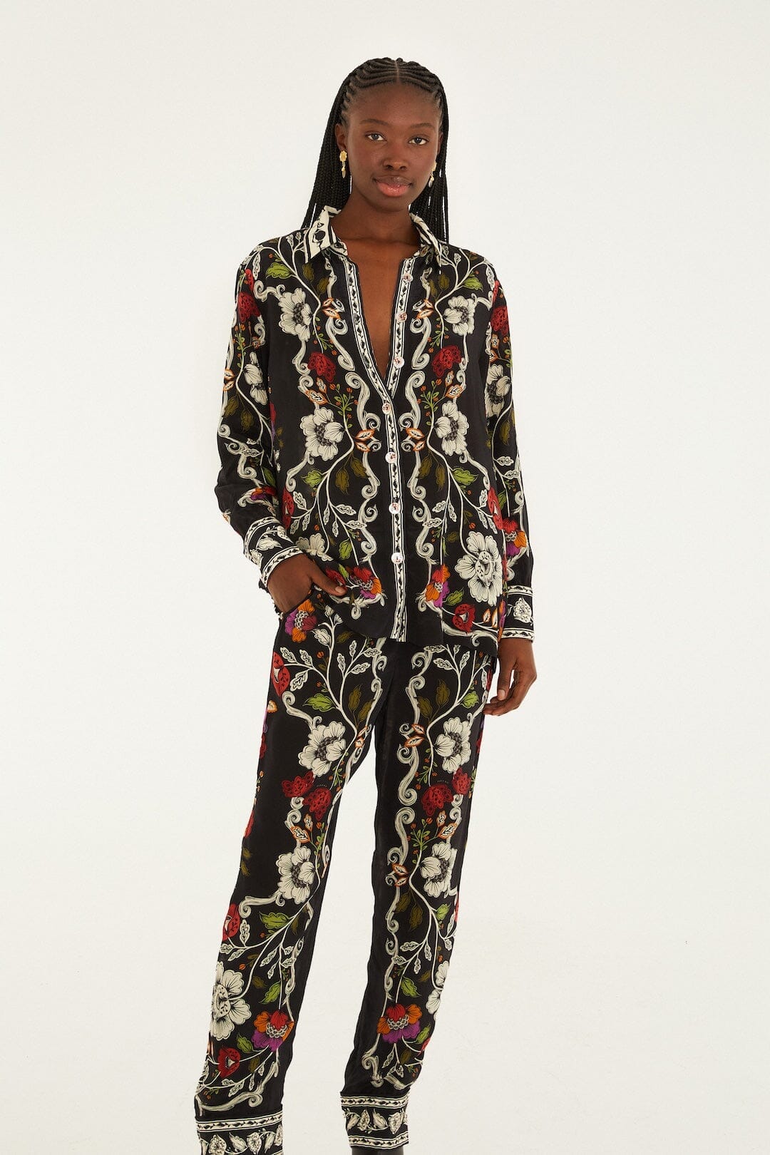 rococo flowers black pants