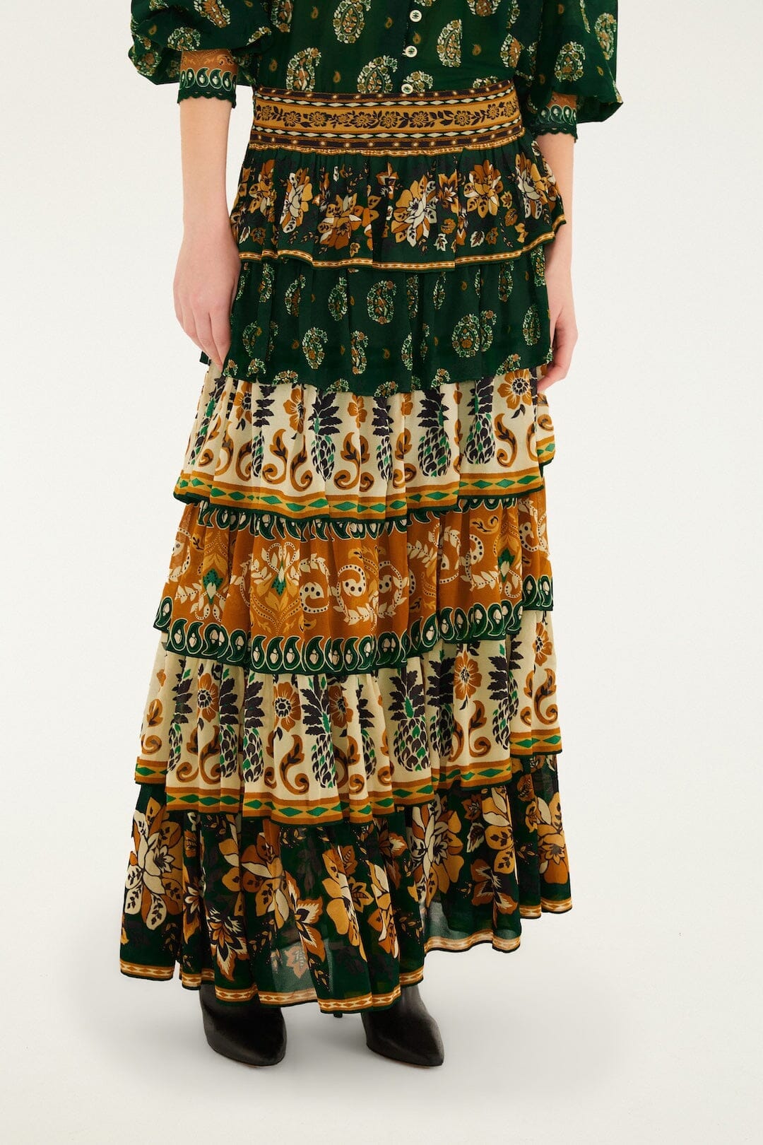 ayla green mixed scarves ruffled maxi skirt