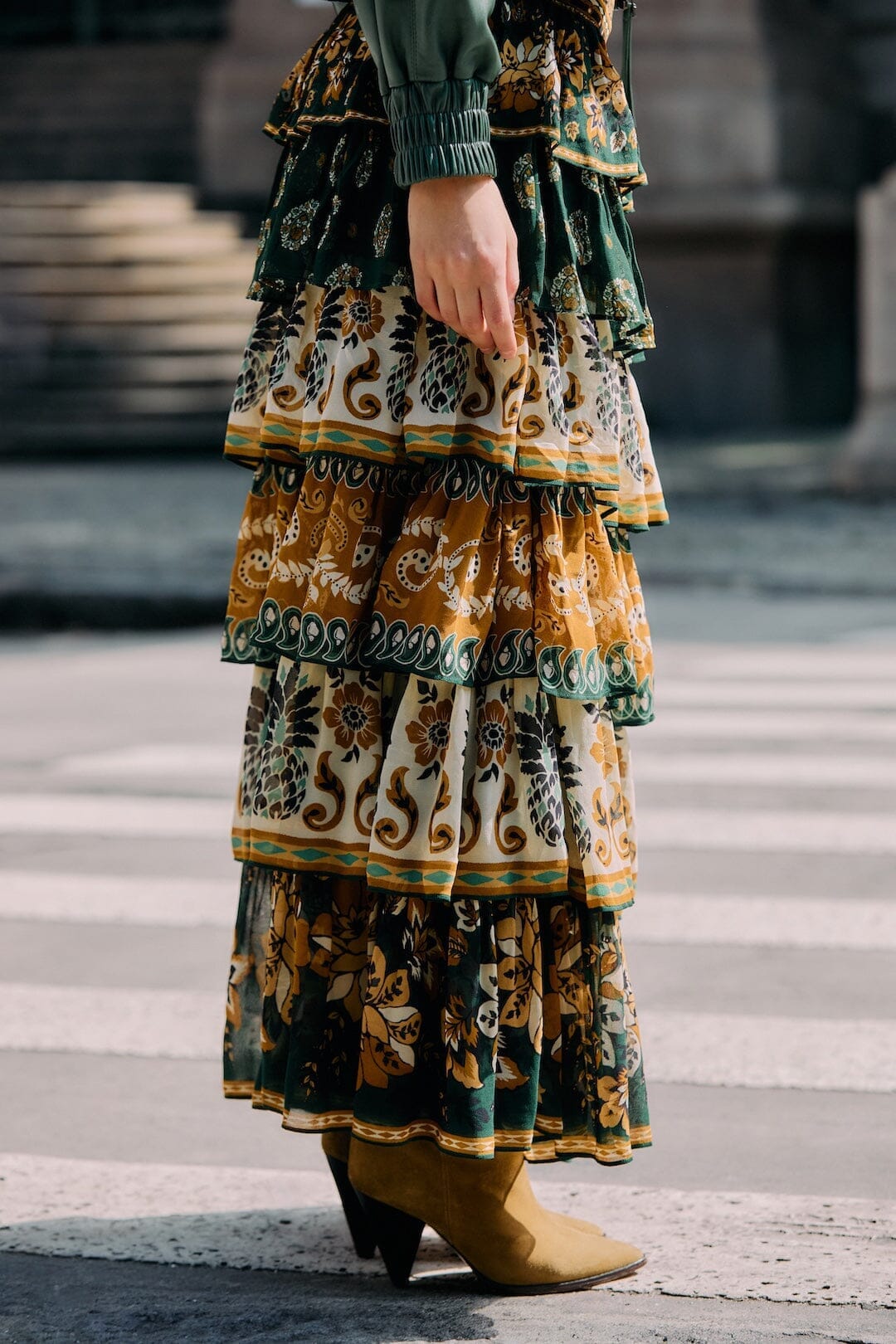 ayla green mixed scarves ruffled maxi skirt