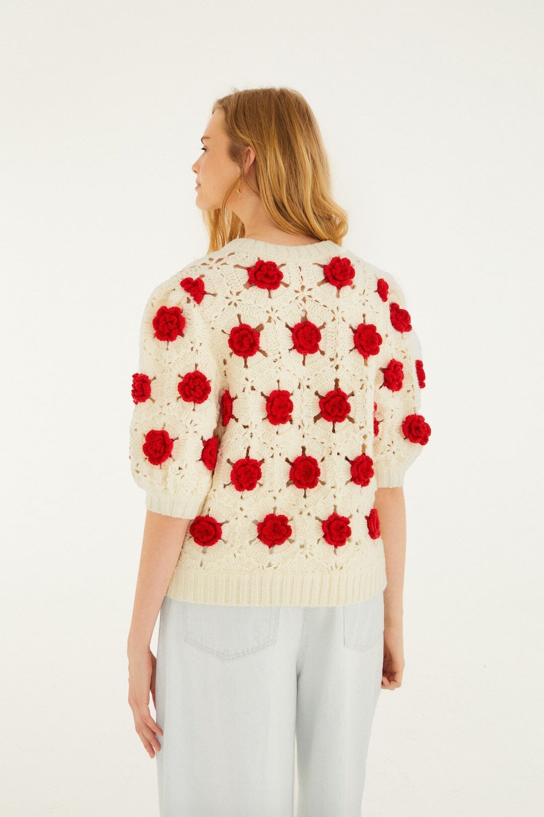 flower crochet red knit blouse