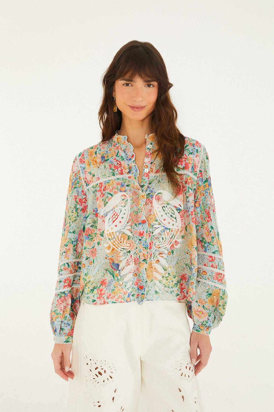 Blusa Rendeira Multicolor con Cutwork y Manga Larga