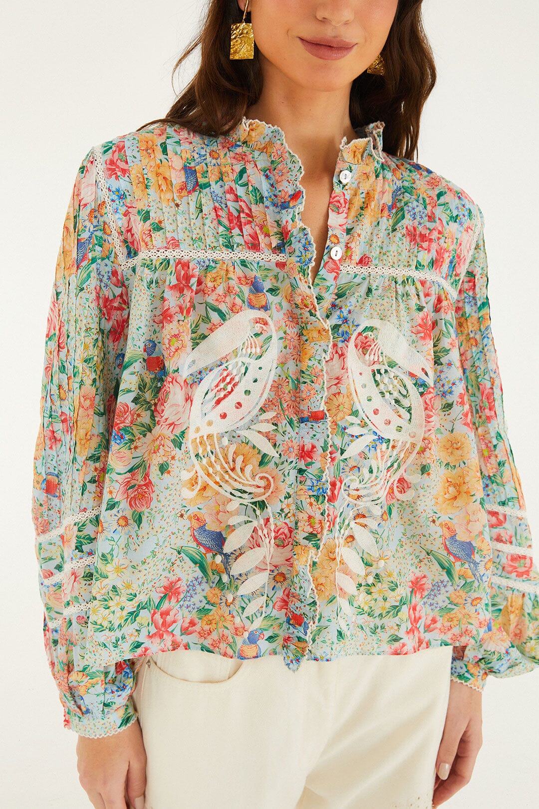 Blusa Rendeira Multicolor con Cutwork y Manga Larga