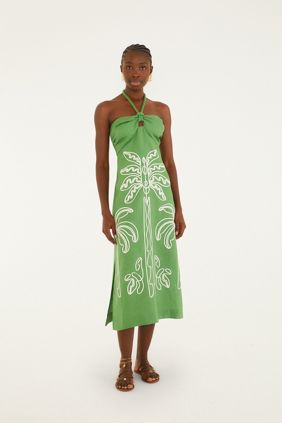 Midi Vestido Green Palm Tree Bordado con Escote Halter