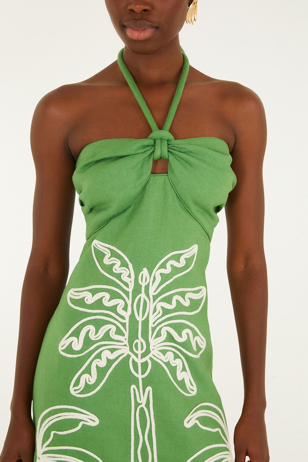 Midi Vestido Green Palm Tree Bordado con Escote Halter