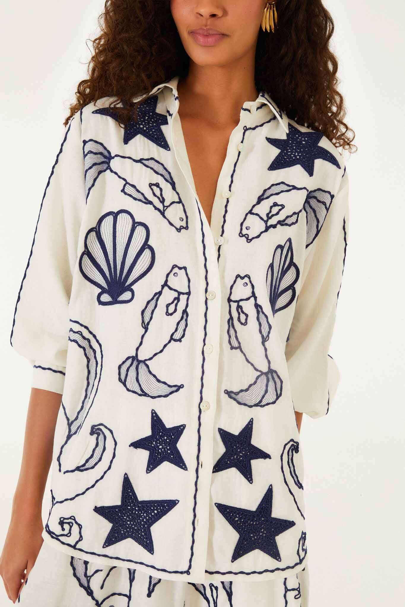 Camisa Blanco Hueso Bordada Fresh Fish con Manga Abombada