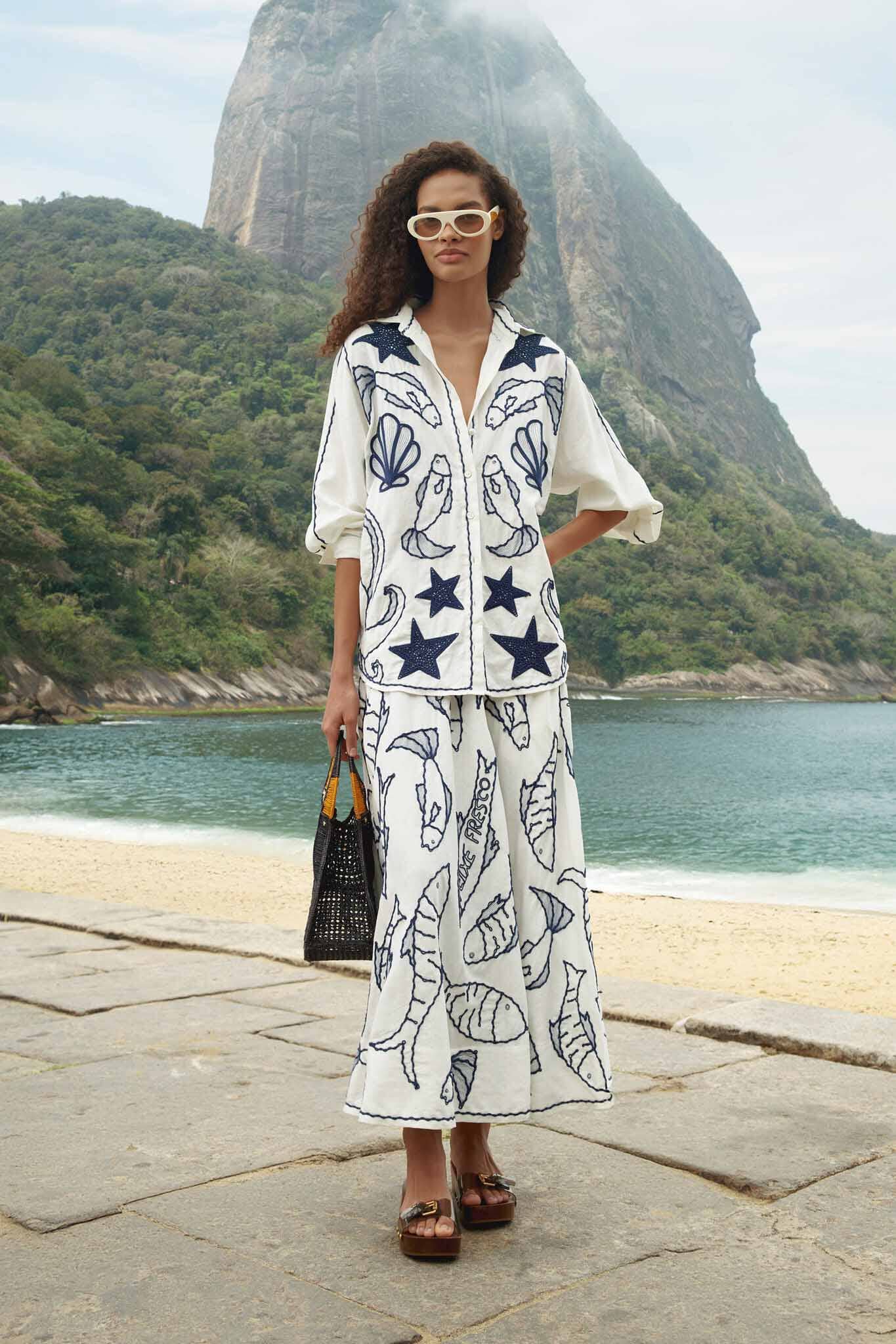 Falda Midi Blanco Hueso Bordada Fresh Fish