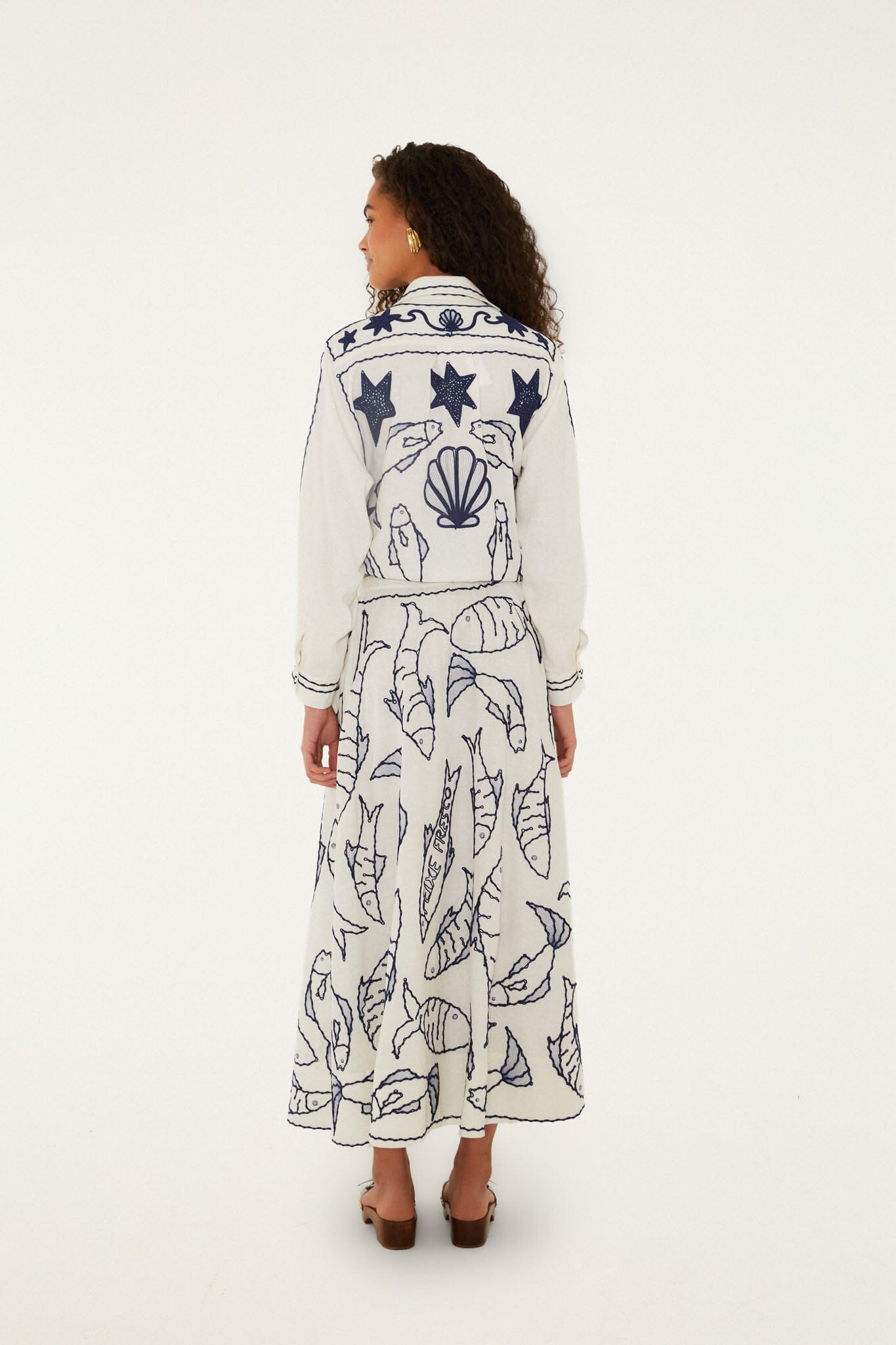 Falda Midi Blanco Hueso Bordada Fresh Fish