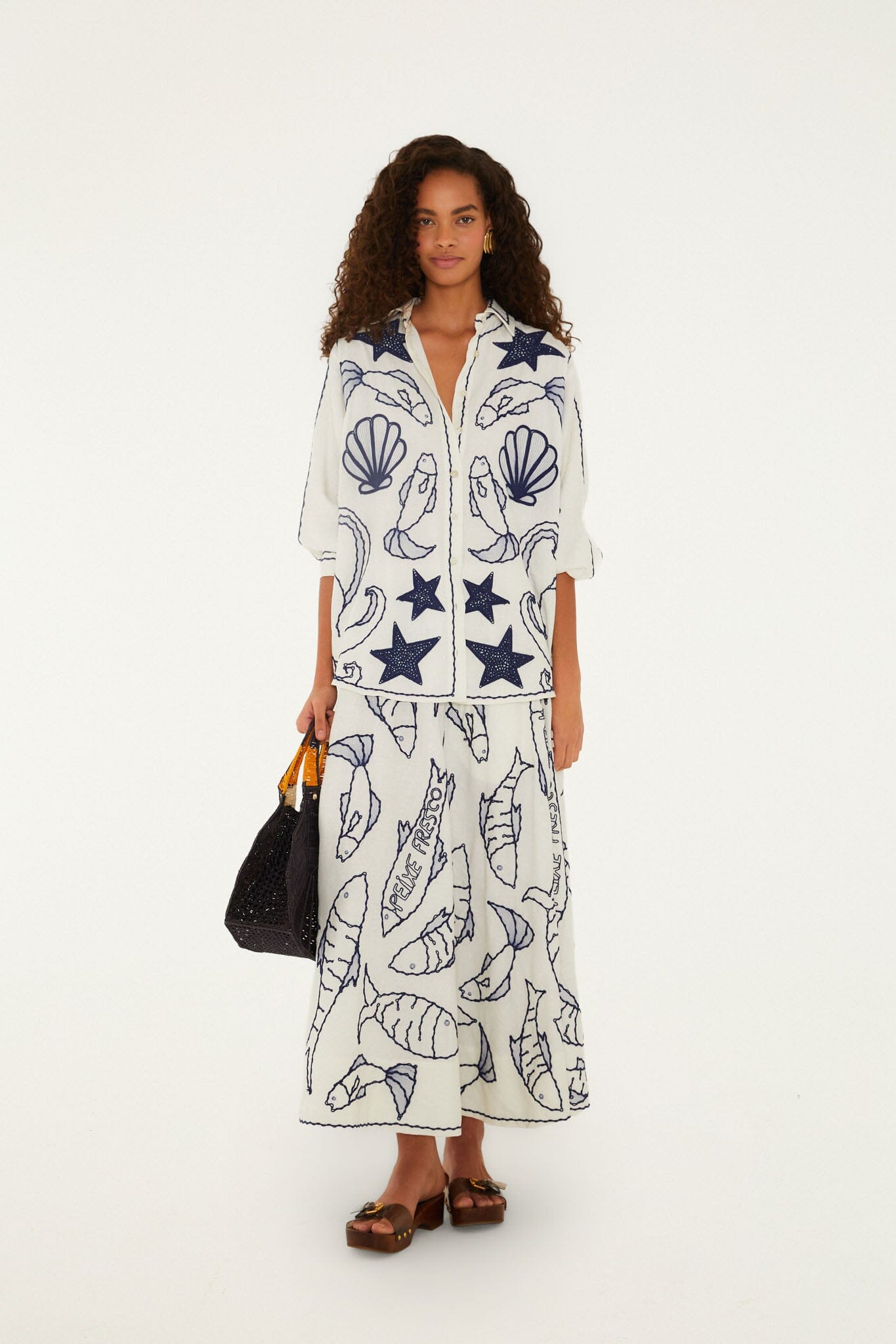Falda Midi Blanco Hueso Bordada Fresh Fish
