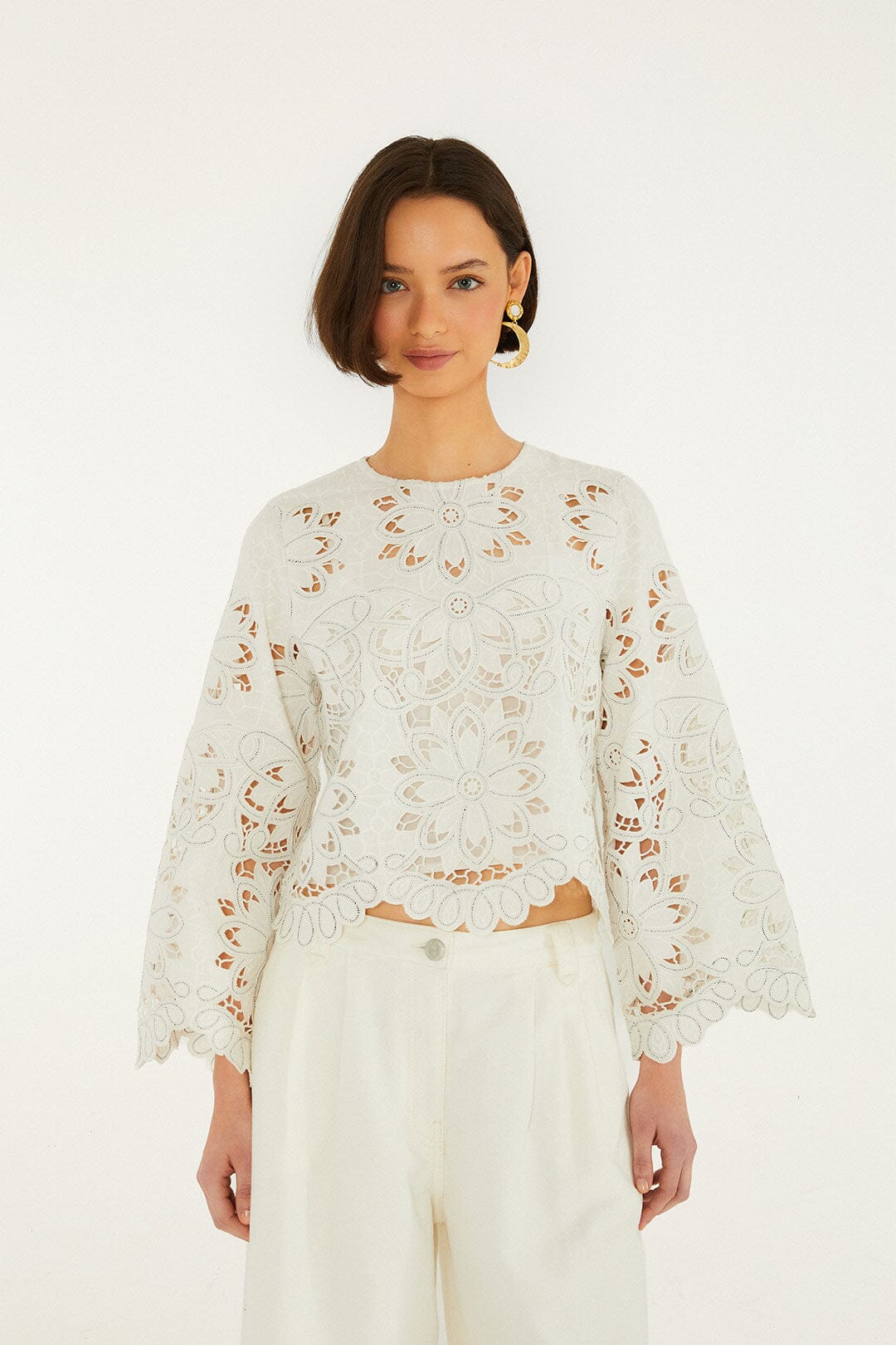 Blusa Blanco Hueso Flores Richelieu de Manga Larga