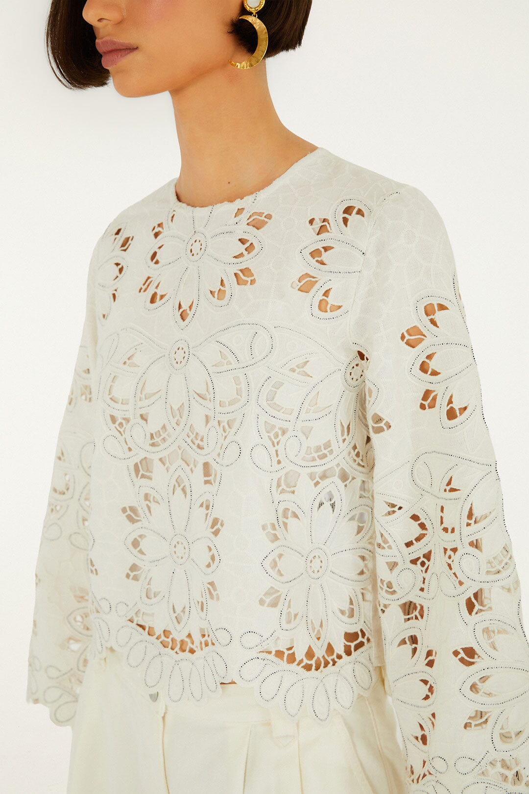 Blusa Blanco Hueso Flores Richelieu de Manga Larga