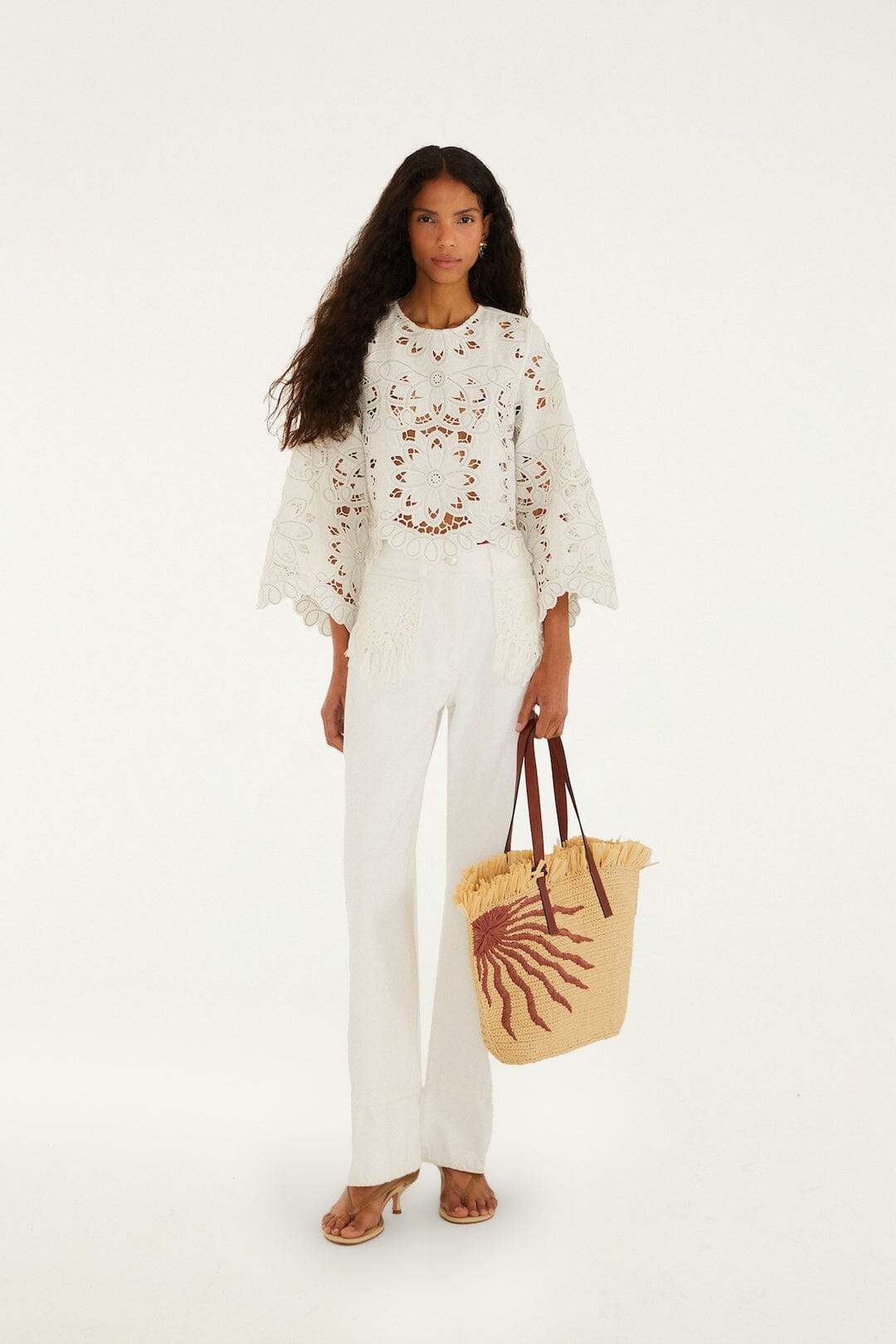 Blusa Blanco Hueso Flores Richelieu de Manga Larga
