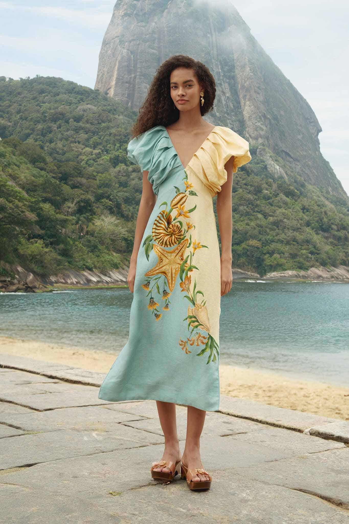 Midi Vestido Bicolor Marine Garden con Manga Abombada