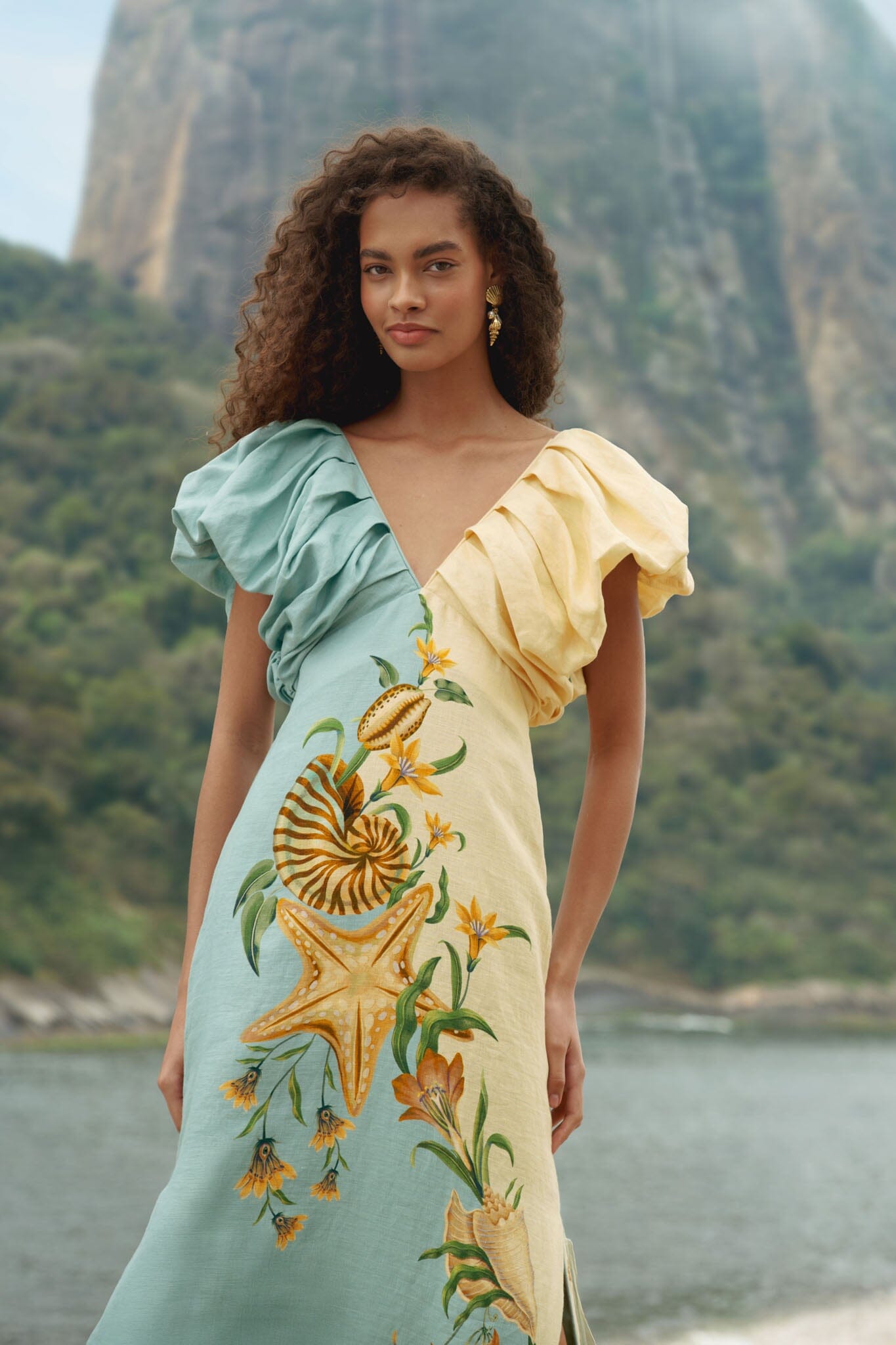 Midi Vestido Bicolor Marine Garden con Manga Abombada