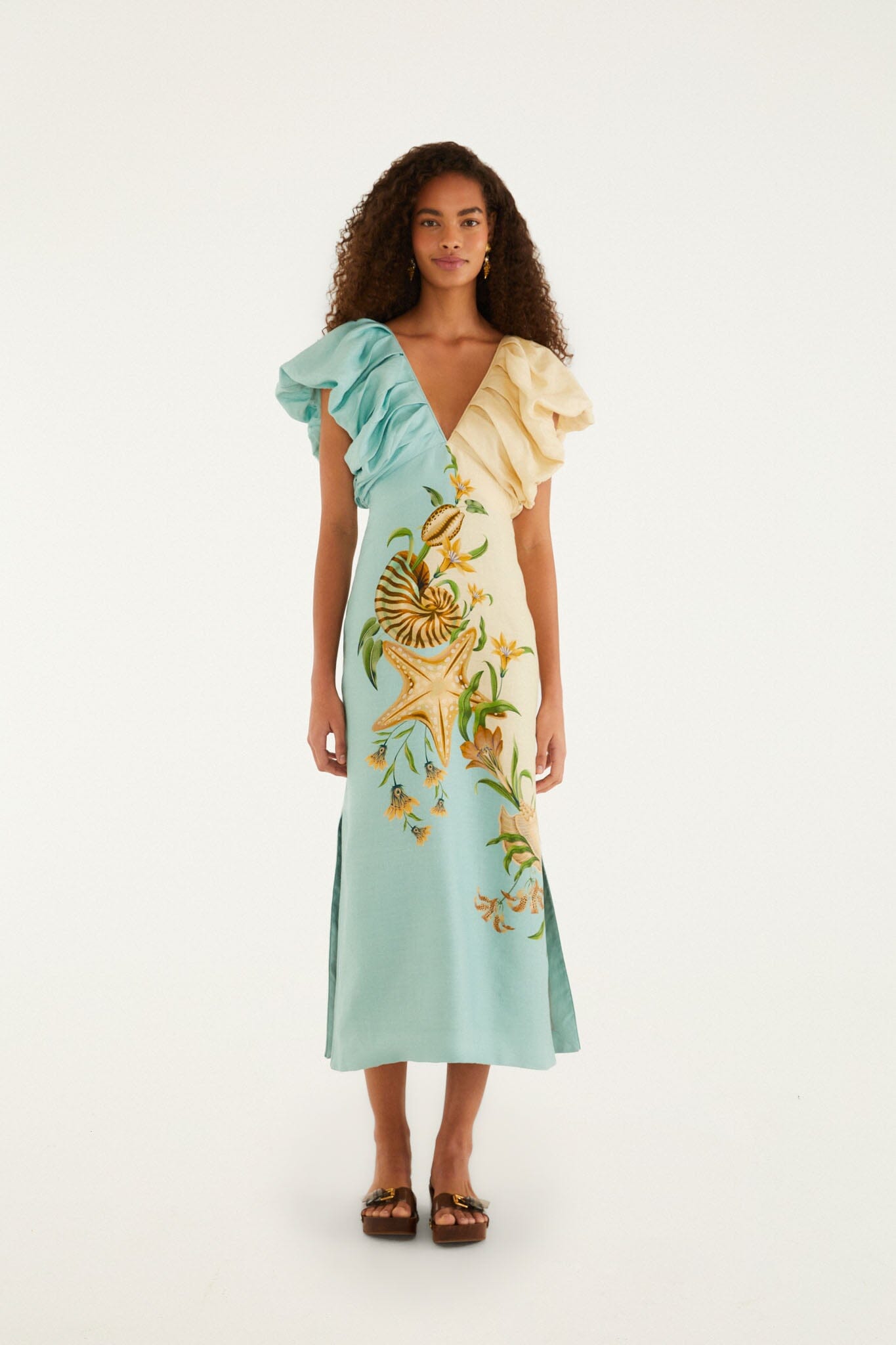 Midi Vestido Bicolor Marine Garden con Manga Abombada