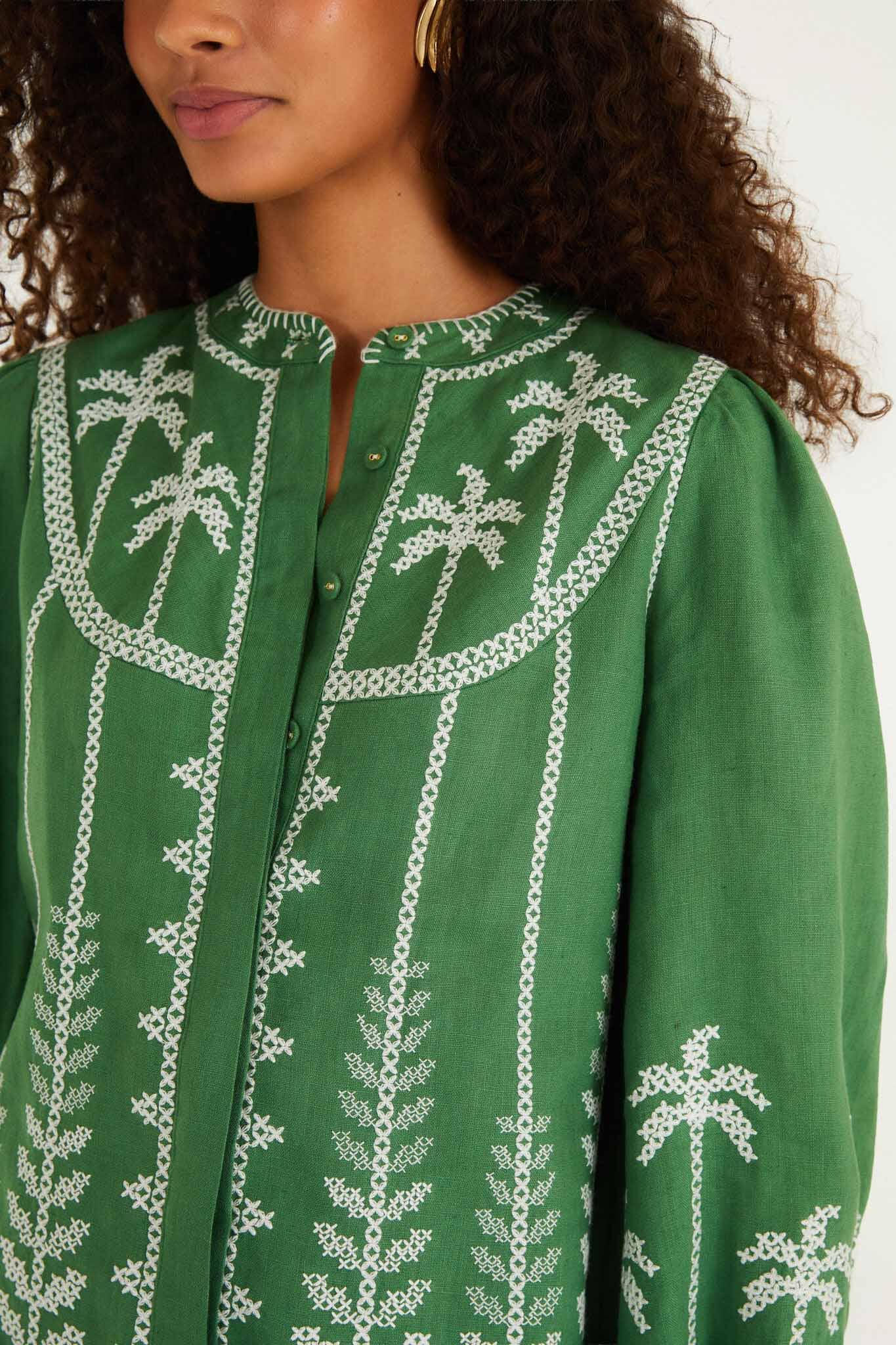 Blusa Bicolor con Bordado de Punto de Cruz de Manga Larga