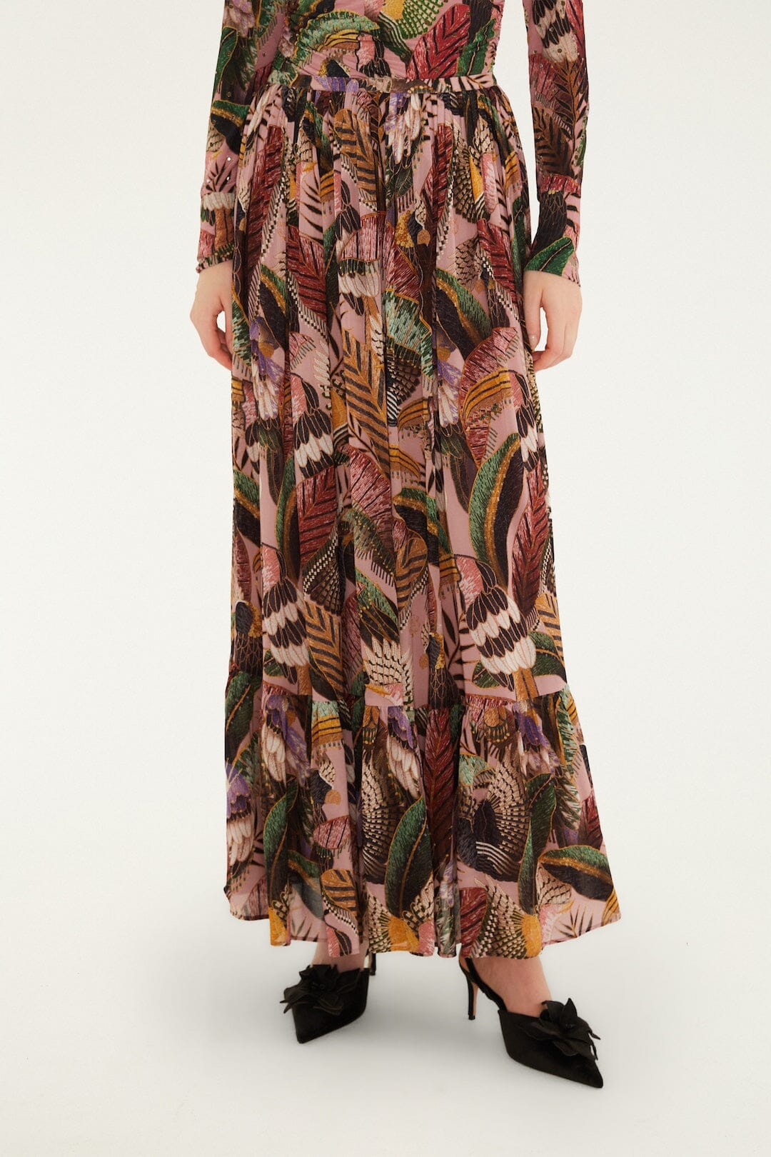 Maxi Falda Birds Blush con Olanes en el Dobladillo