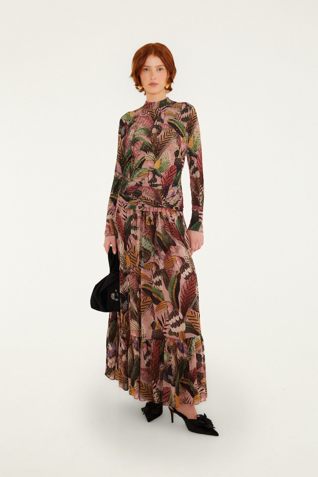 Maxi Falda Birds Blush con Olanes en el Dobladillo