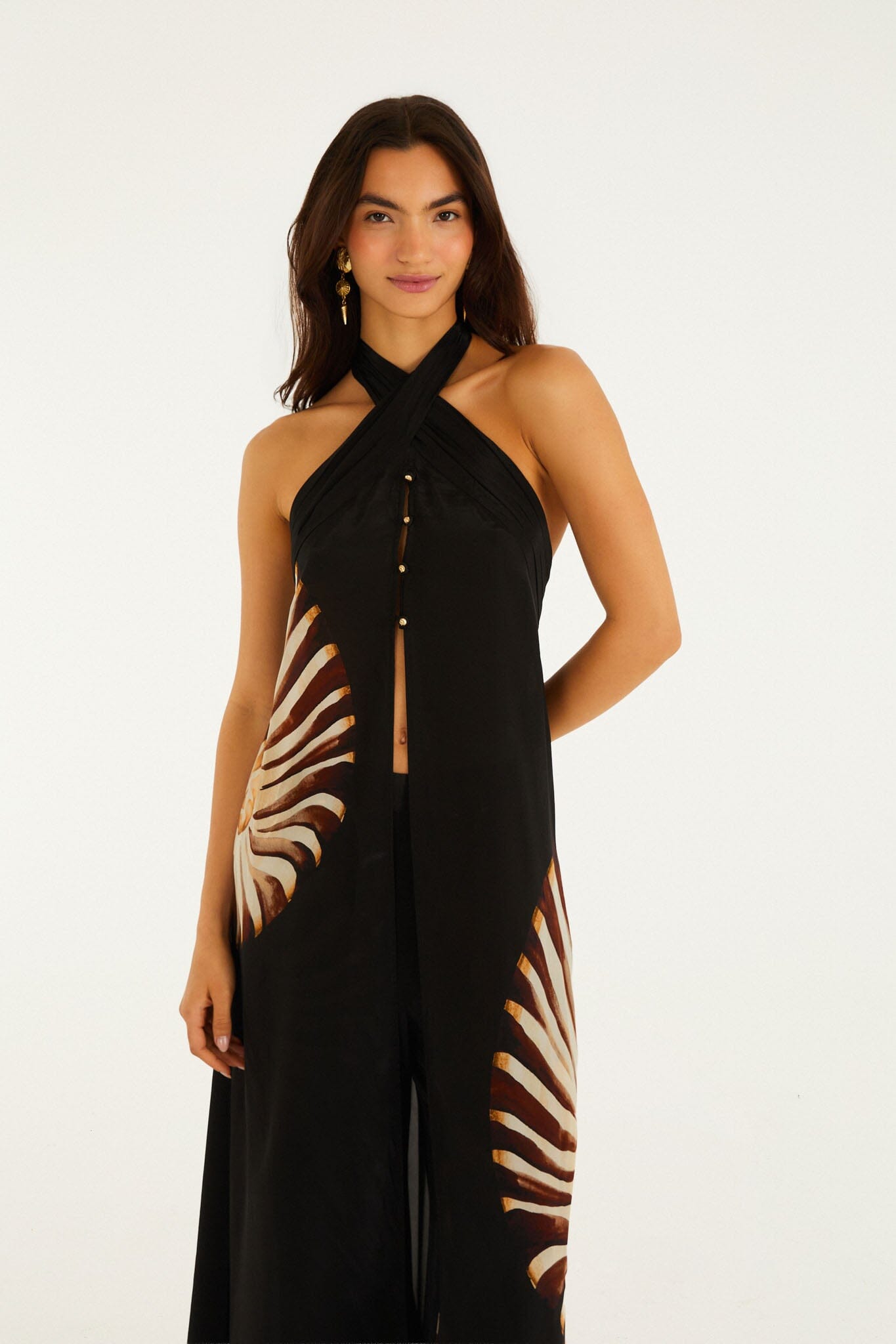 Túnica Midi Ammonite Negra con Escote Halter y Frente Abierto