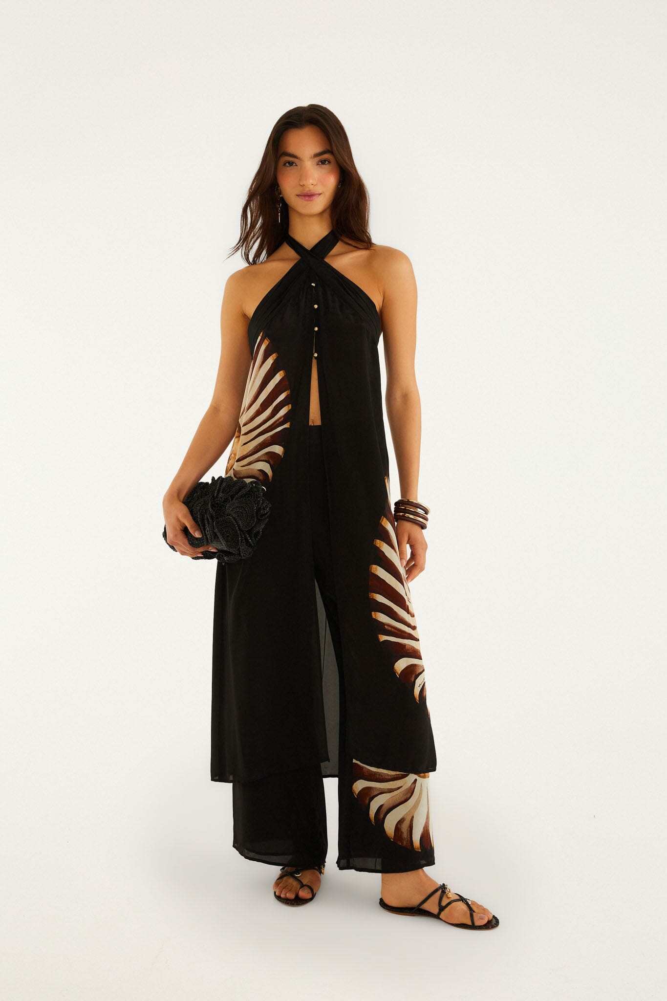 Túnica Midi Ammonite Negra con Escote Halter y Frente Abierto