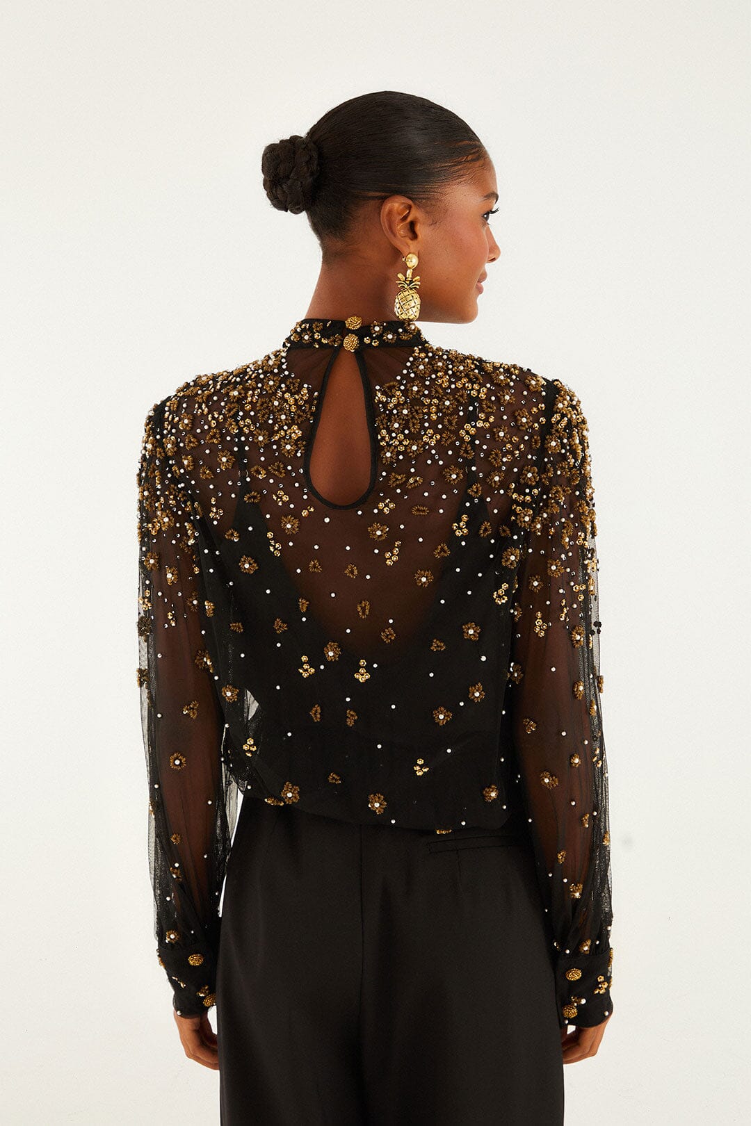 embroidered bubble tulle black blouse