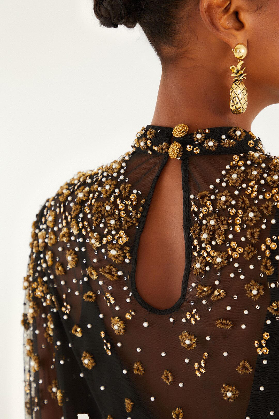 embroidered bubble tulle black blouse