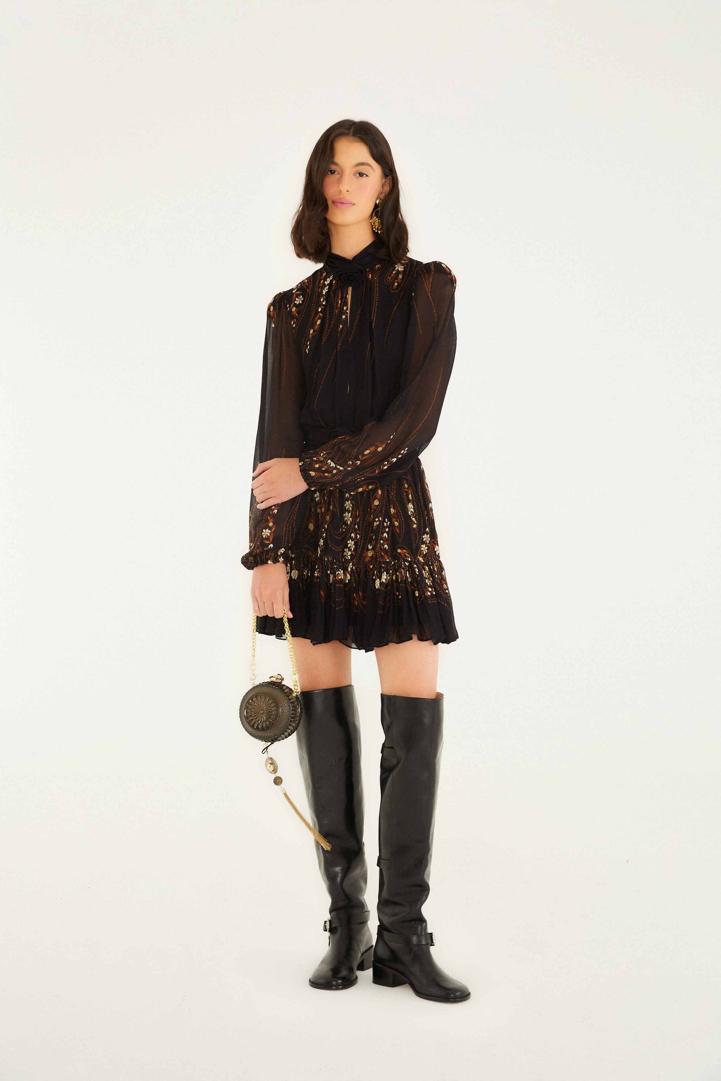 garden silhouette black long sleeve mini dress