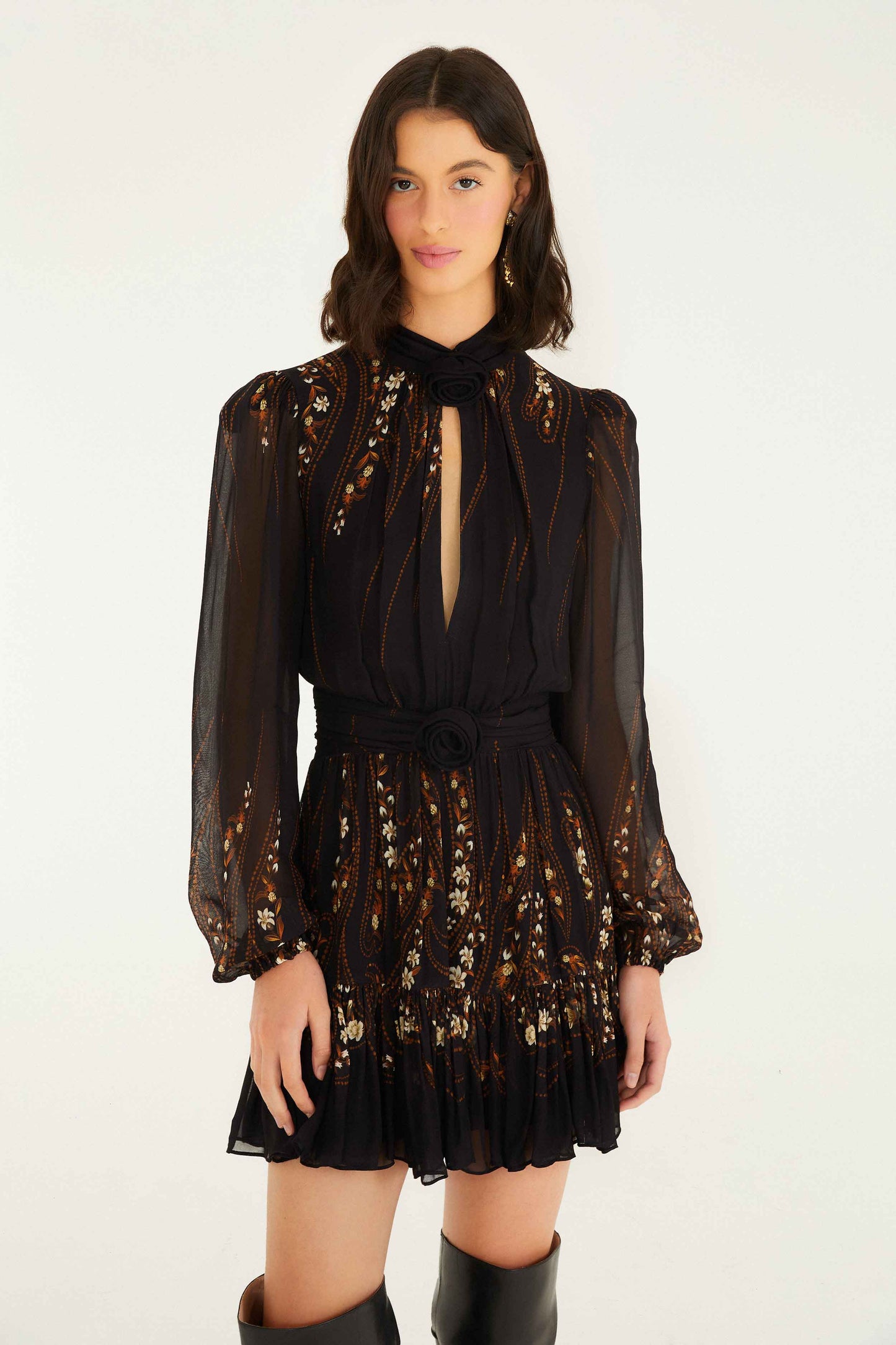 garden silhouette black long sleeve mini dress