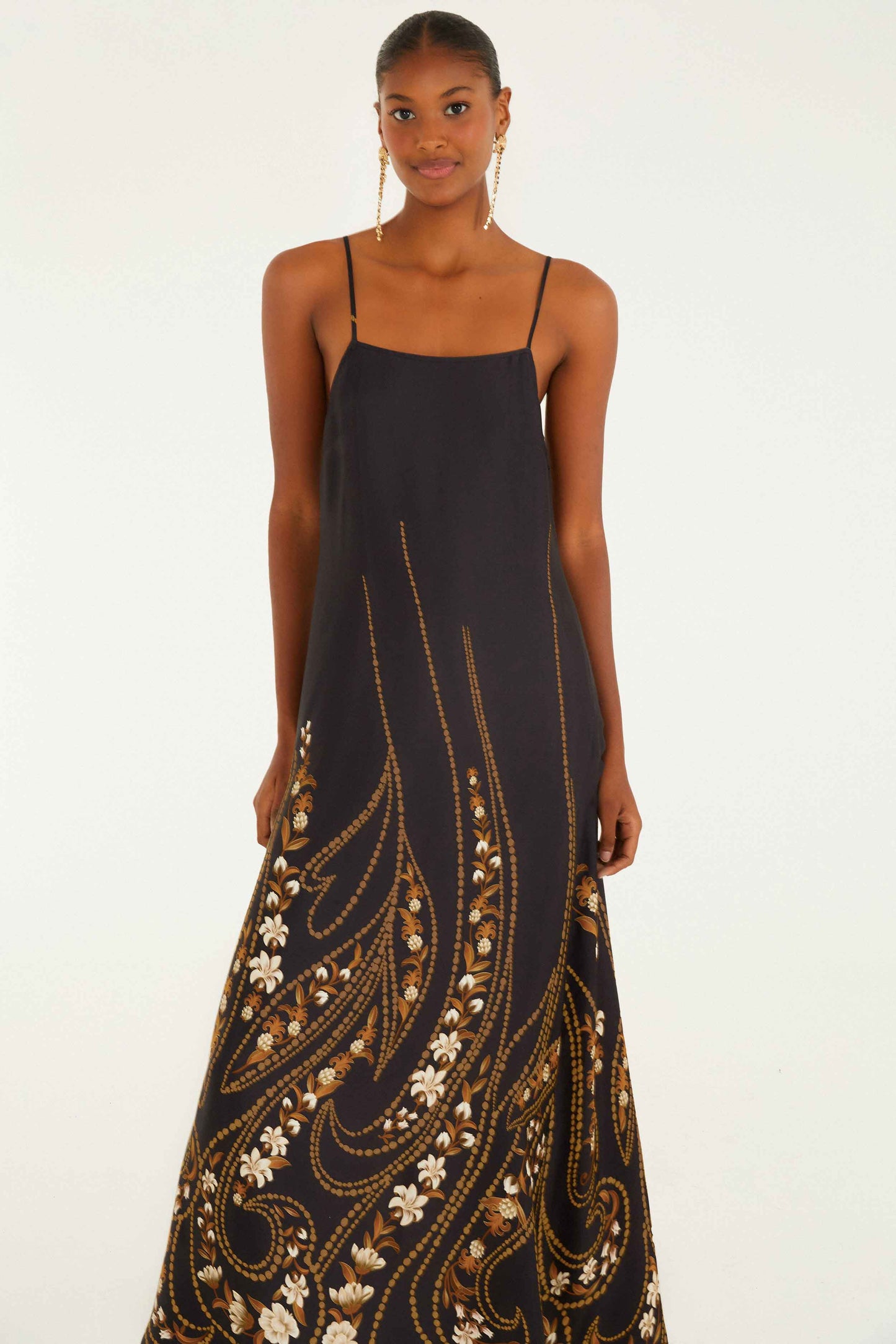 garden silhouette black slip midi dress