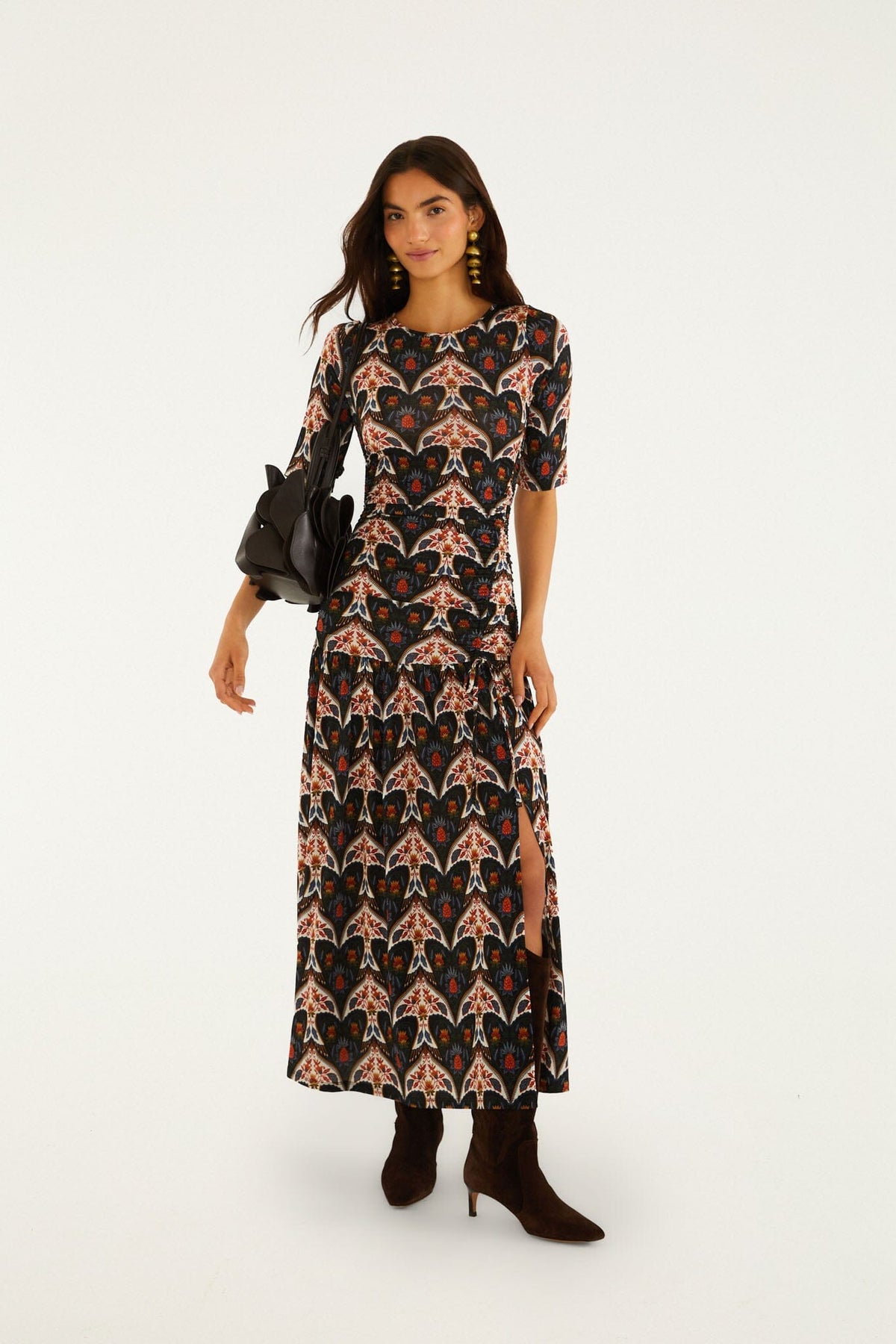 Maxi Vestido Ajustado Porcelain Birds Negro de Manga Larga