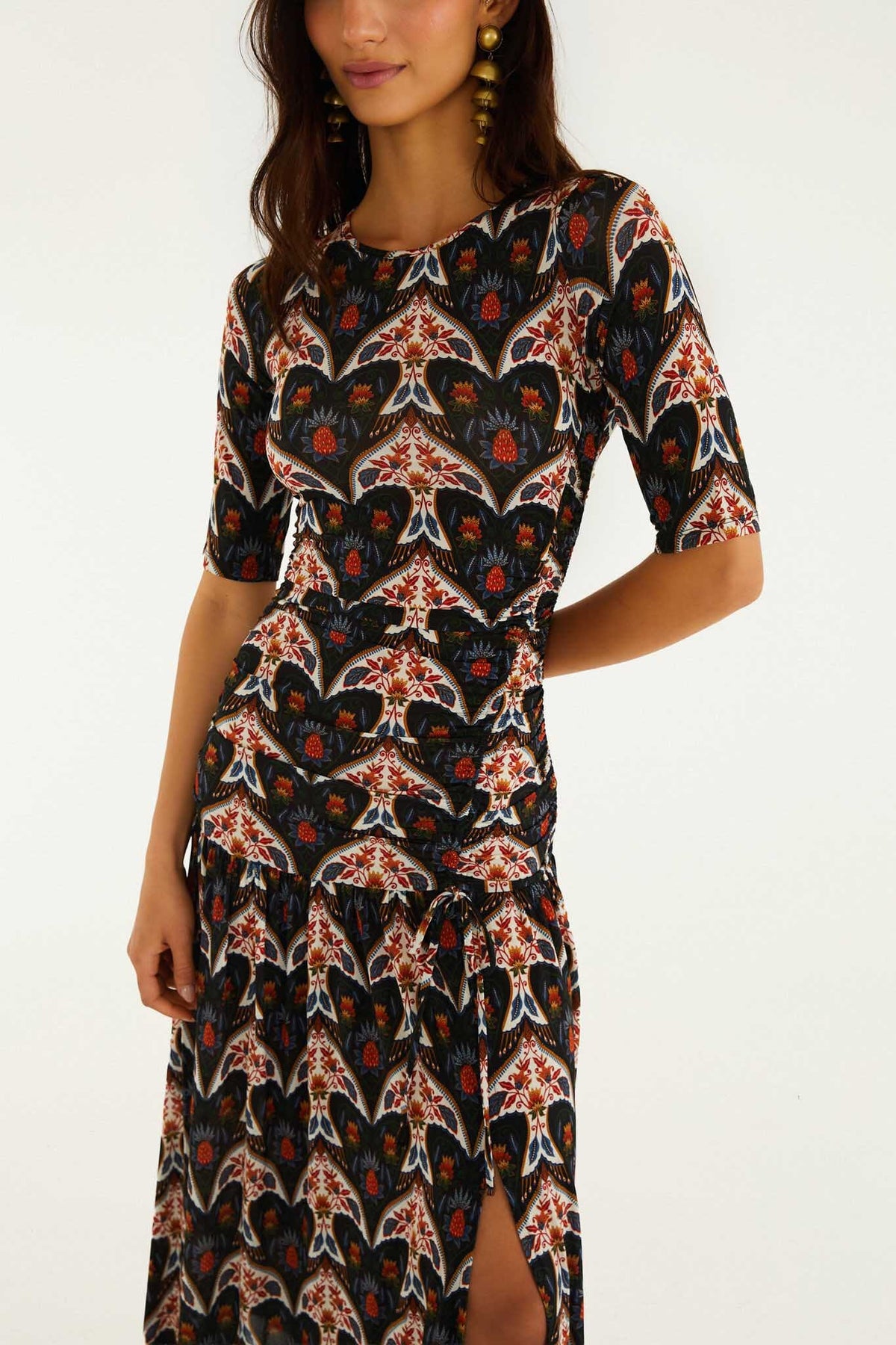 Maxi Vestido Ajustado Porcelain Birds Negro de Manga Larga