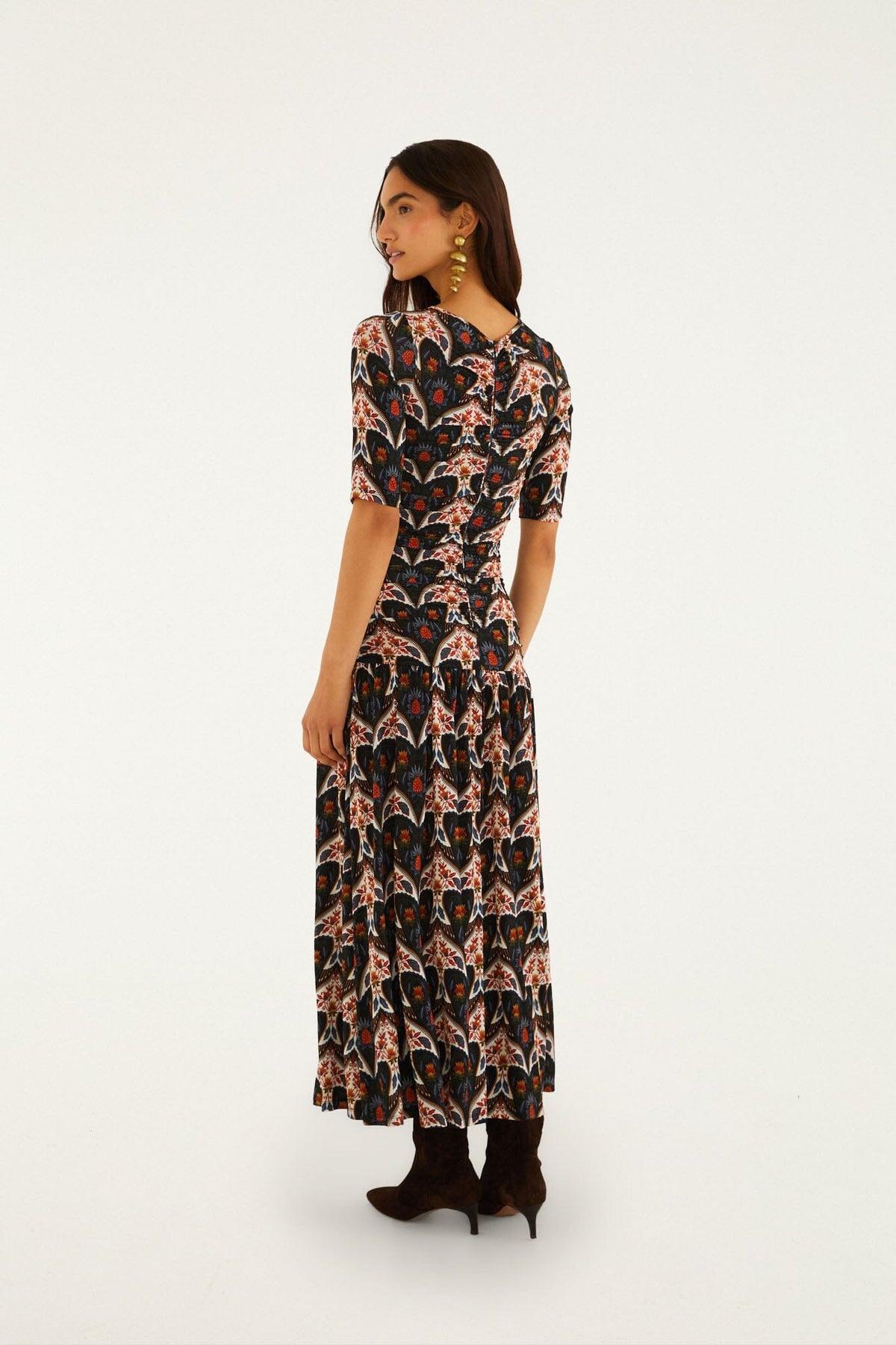 Maxi Vestido Ajustado Porcelain Birds Negro de Manga Larga
