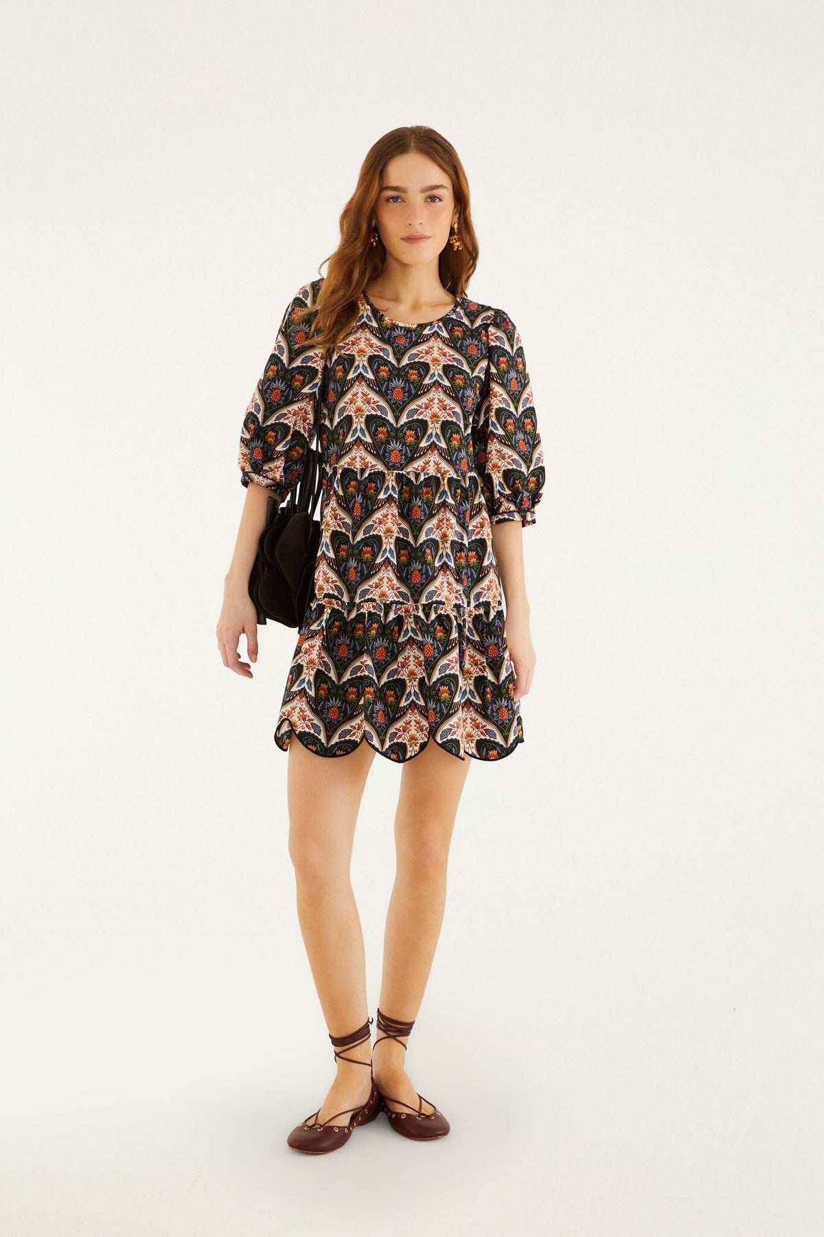 Mini Vestido Porcelain Birds Negro con Manga Abombada