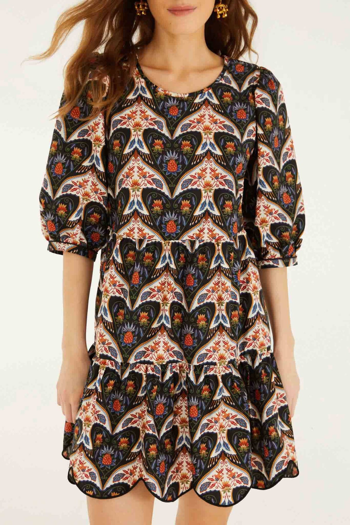 Mini Vestido Porcelain Birds Negro con Manga Abombada