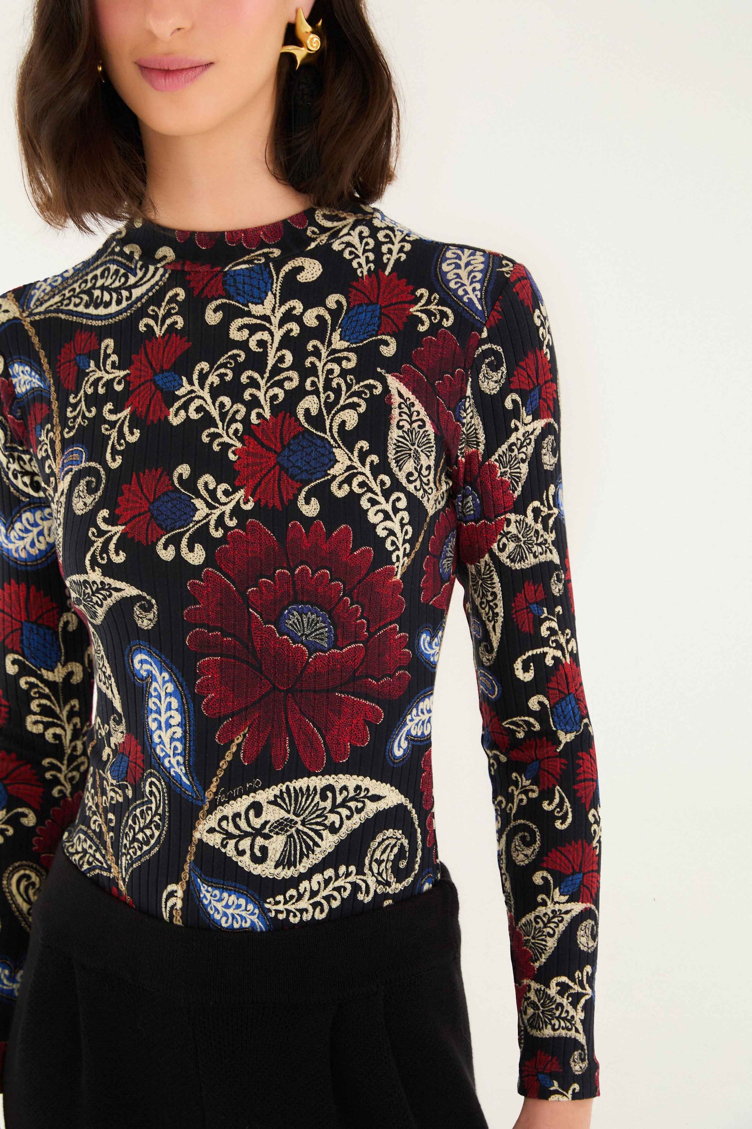 FARM Rio model wearing the Black Valentina High Neck Long Sleeve Jersey Bodysuit