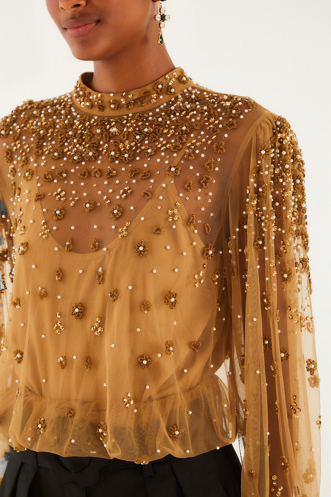 embroidered tulle bubble caramel blouse