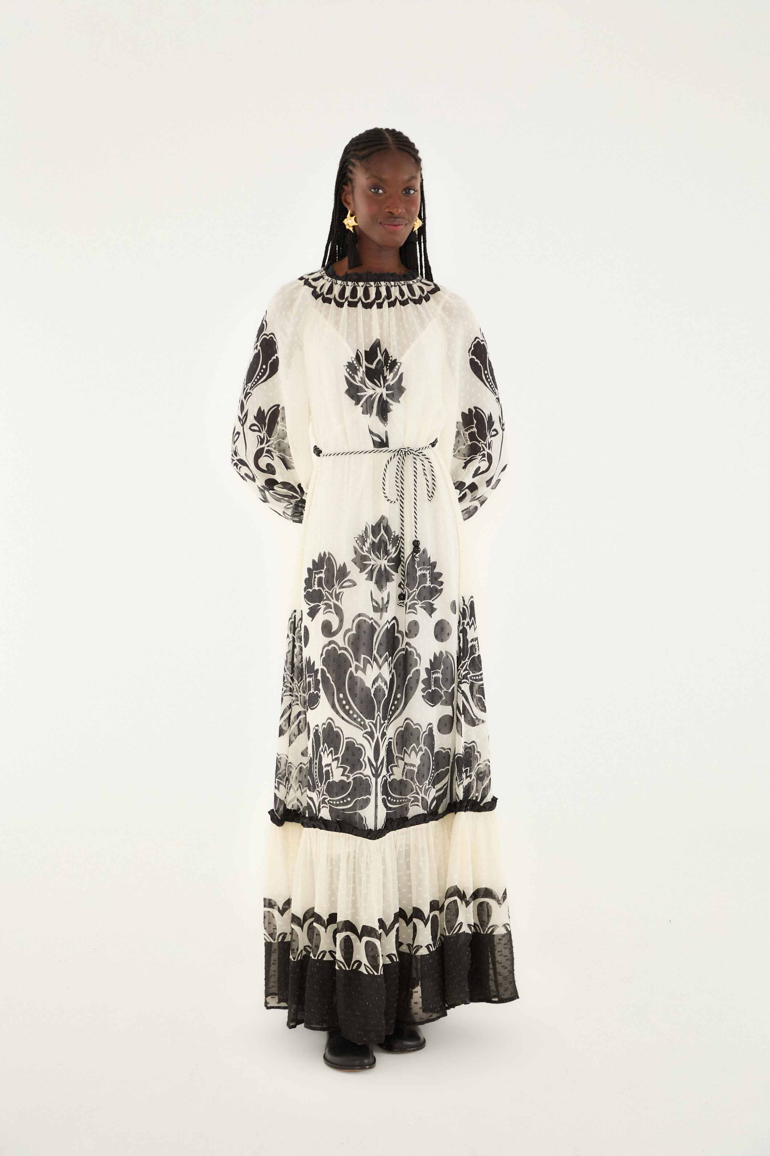 Cream Floral Arabesque Rope Belt Maxi Dress | FARM Rio – FARM Rio | México