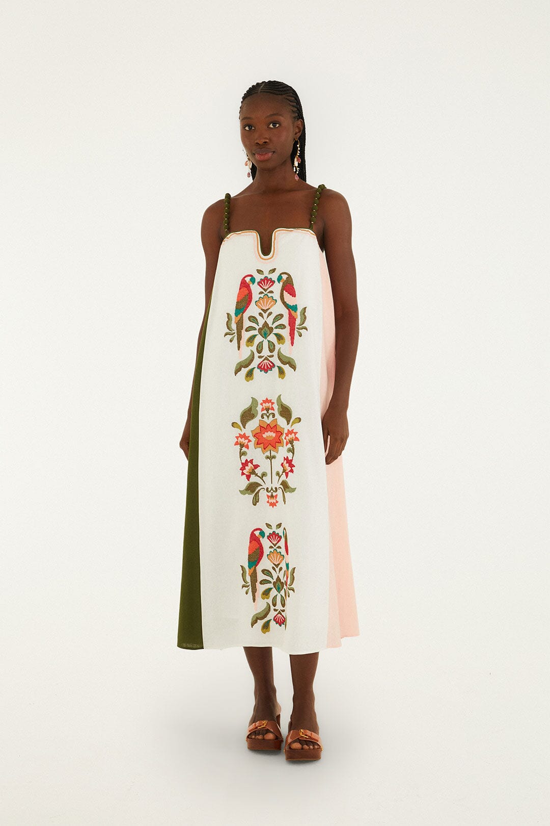 Maxi Vestido con Bordado de Punto de Cruz sin Mangas