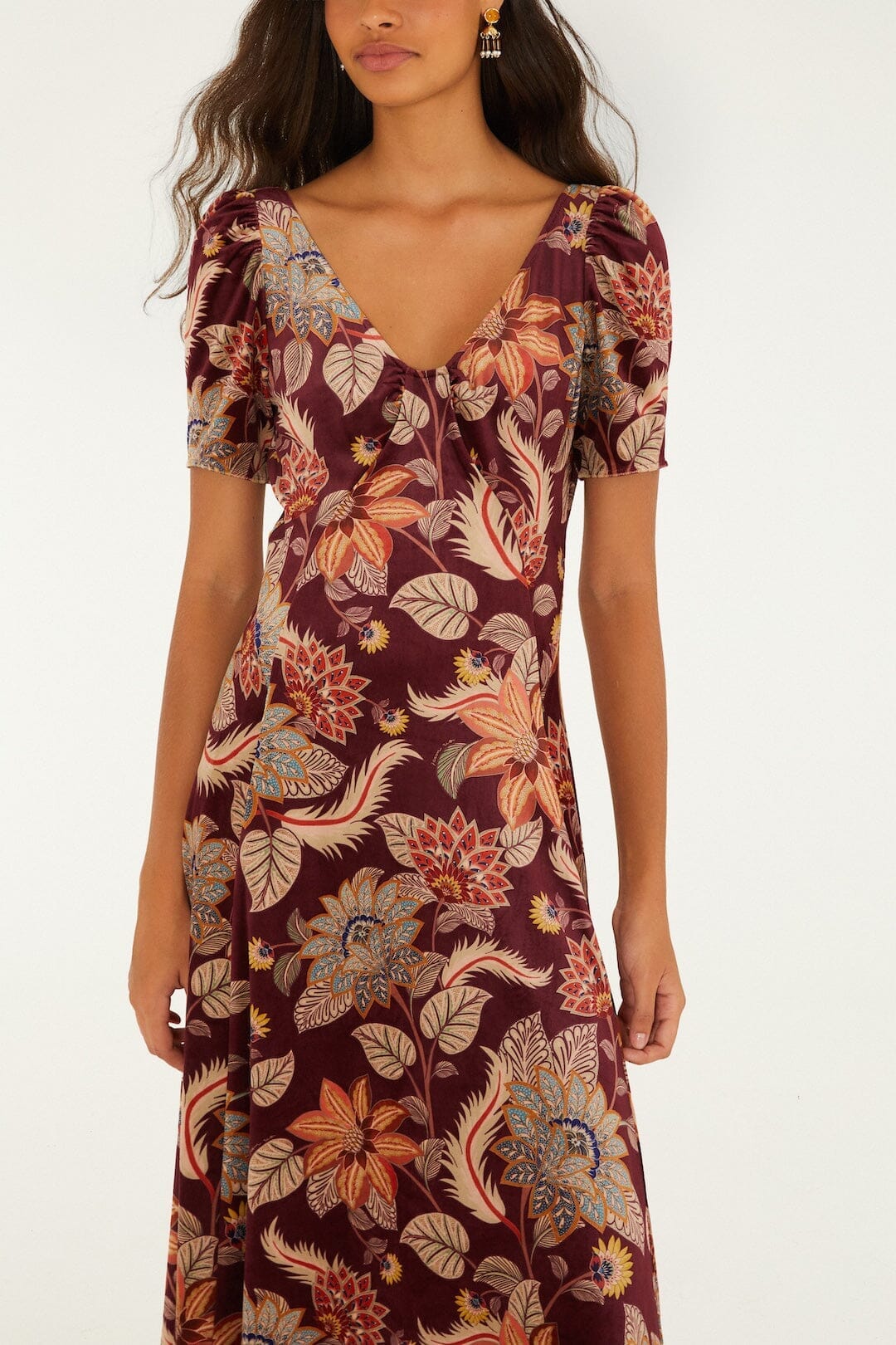 Maxi vestido de terciopelo Delhi Floral de manga corta
