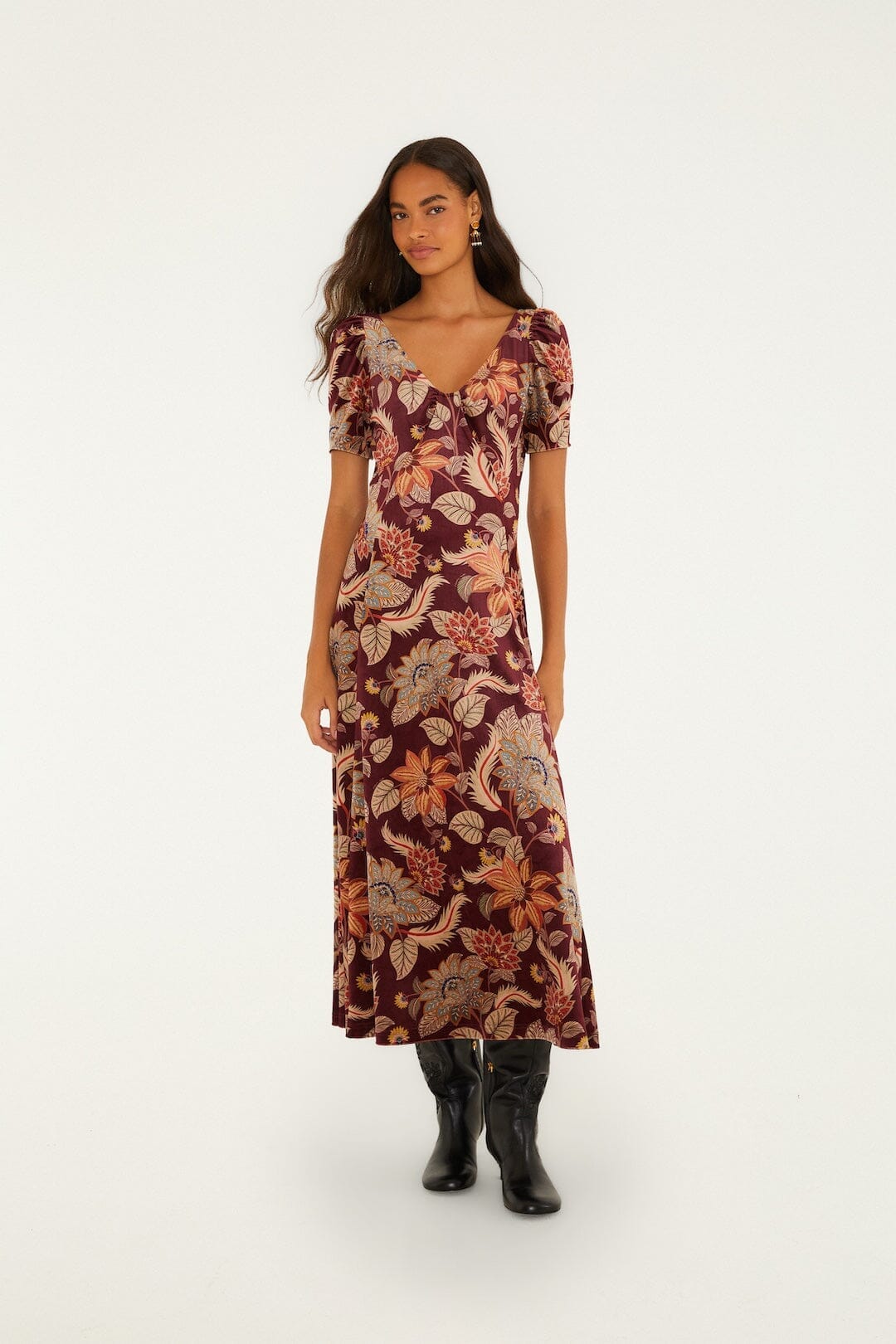 Maxi vestido de terciopelo Delhi Floral de manga corta