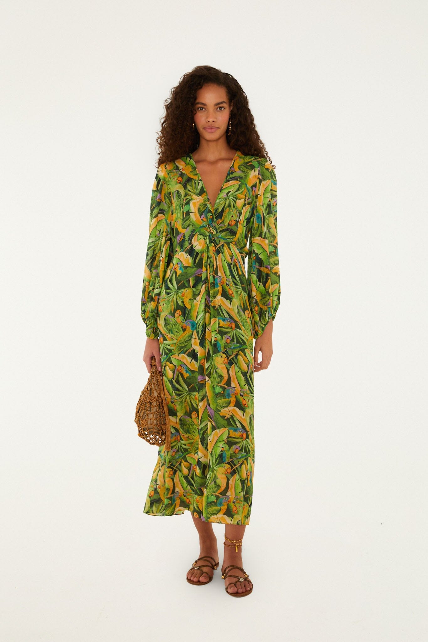 Vestido Midi Verde Forest Parrots de Manga Larga