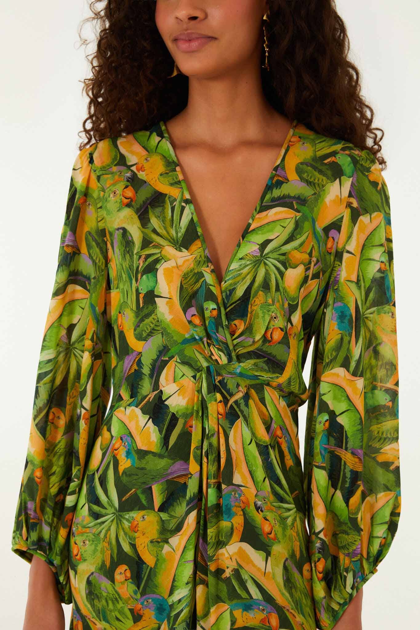 Vestido Midi Verde Forest Parrots de Manga Larga