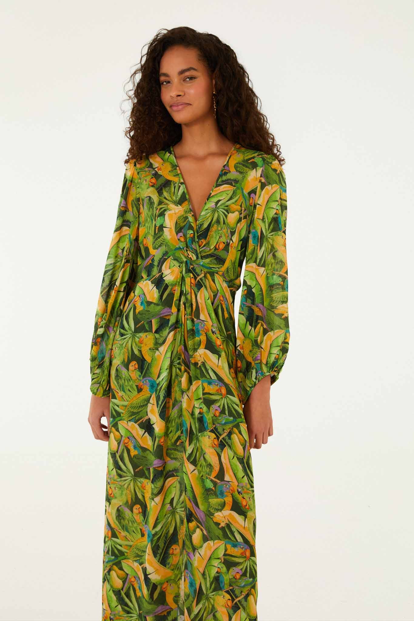 Vestido Midi Verde Forest Parrots de Manga Larga