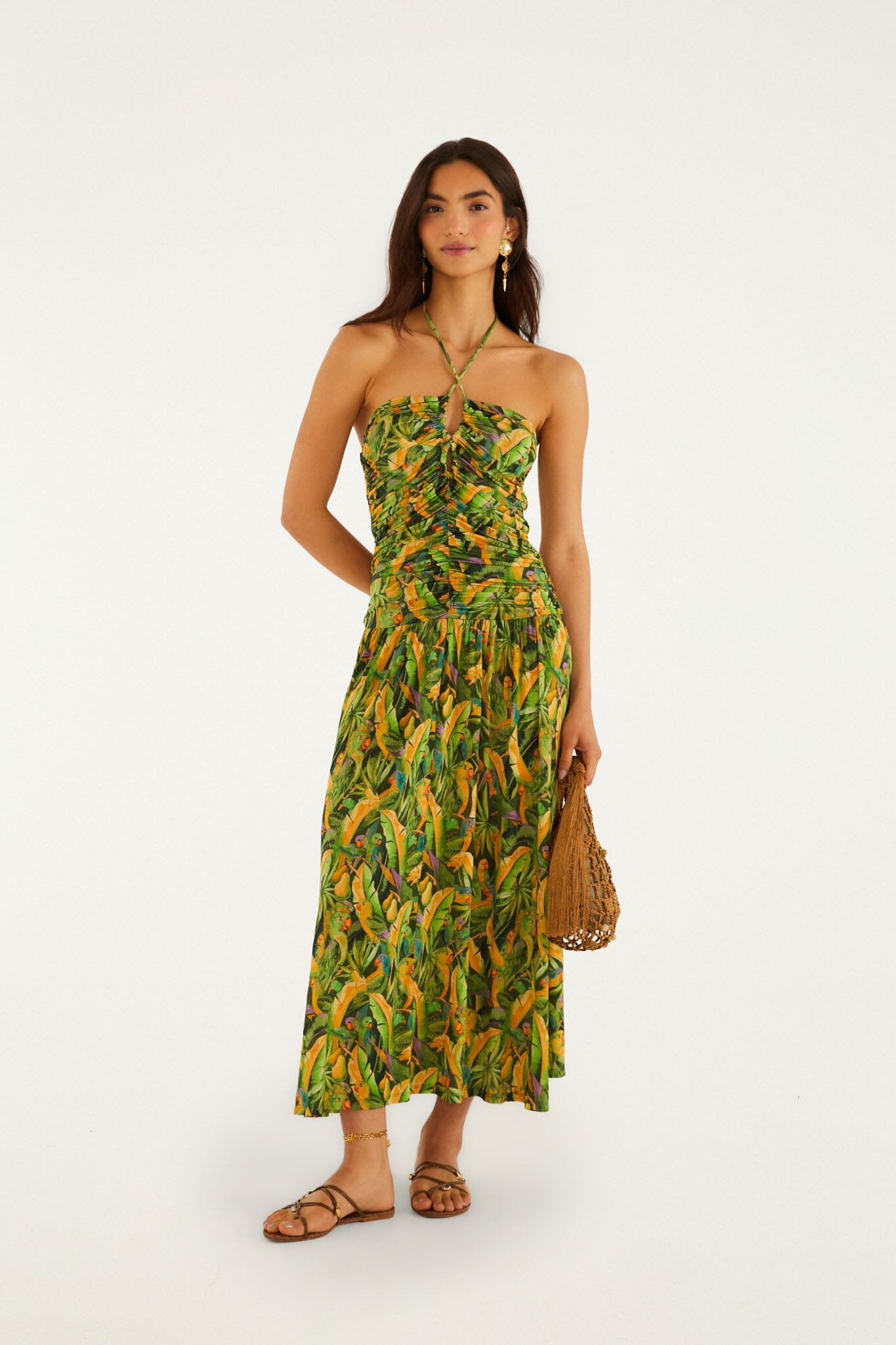 Maxi Vestido Verde Forest Parrots con Corpiño Fruncido