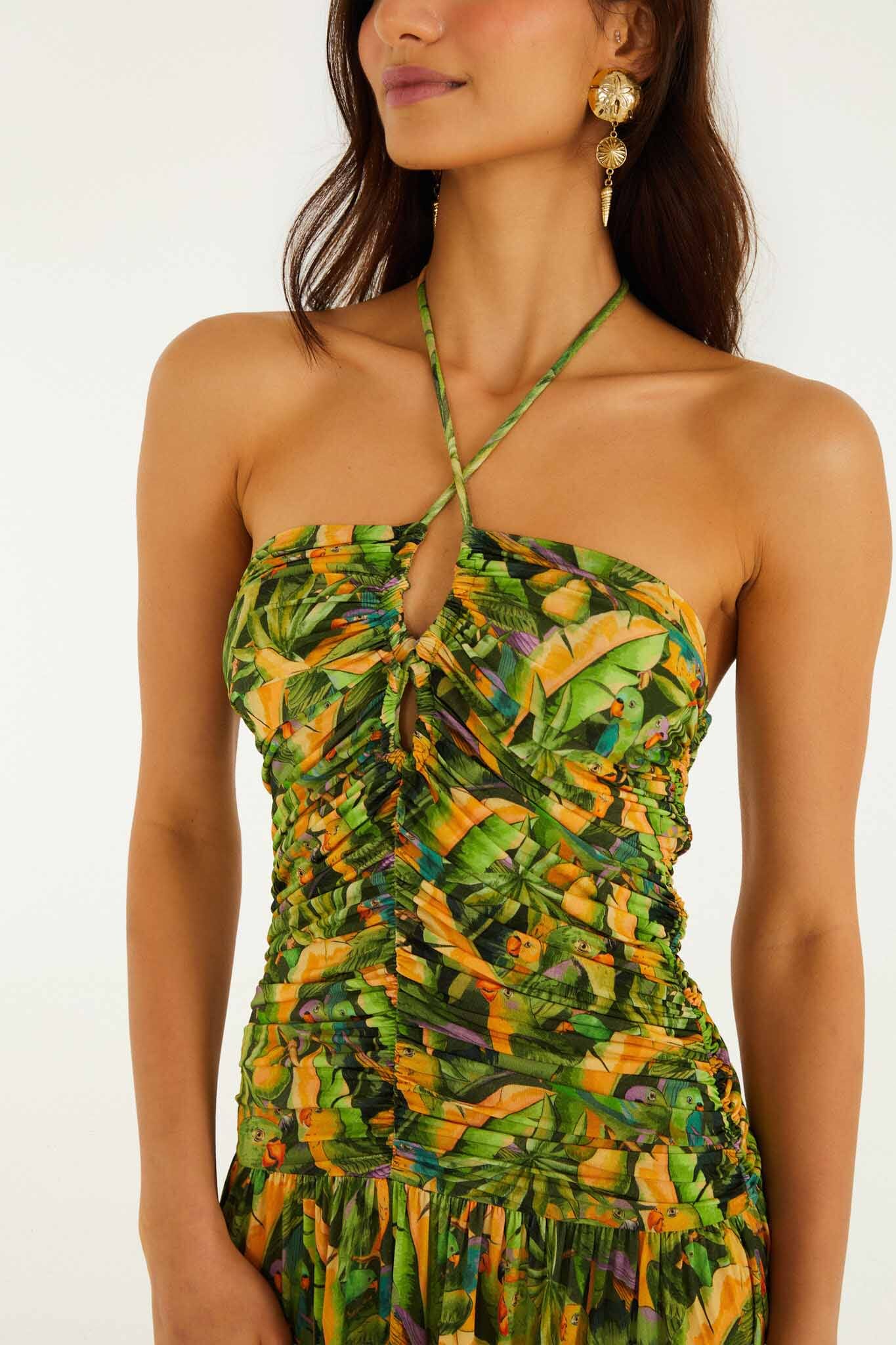 Maxi Vestido Verde Forest Parrots con Corpiño Fruncido