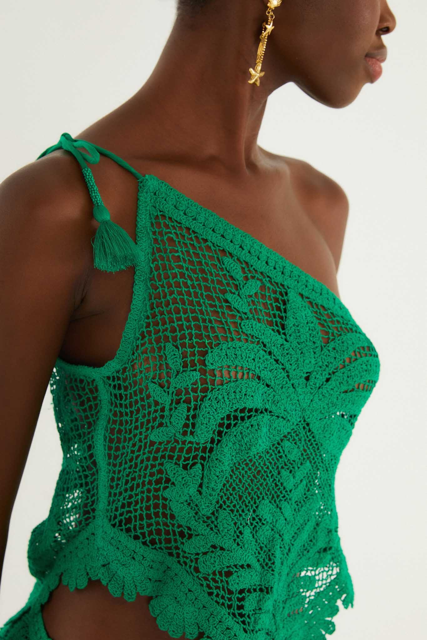 Blusa Verde Transparente de Un Hombro