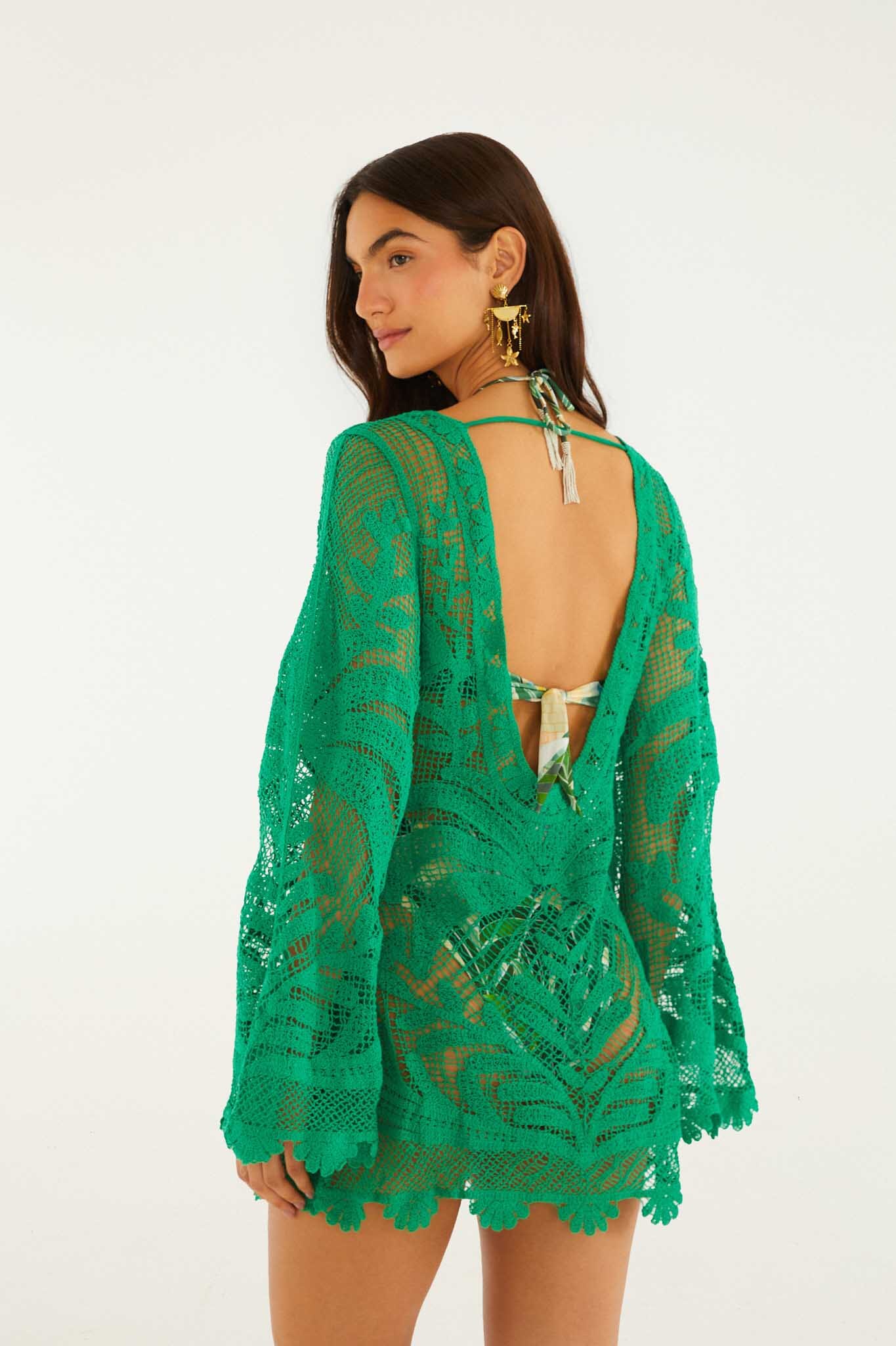 Vestido Mini Verde Richelieu con Espalda Transparente Abierta