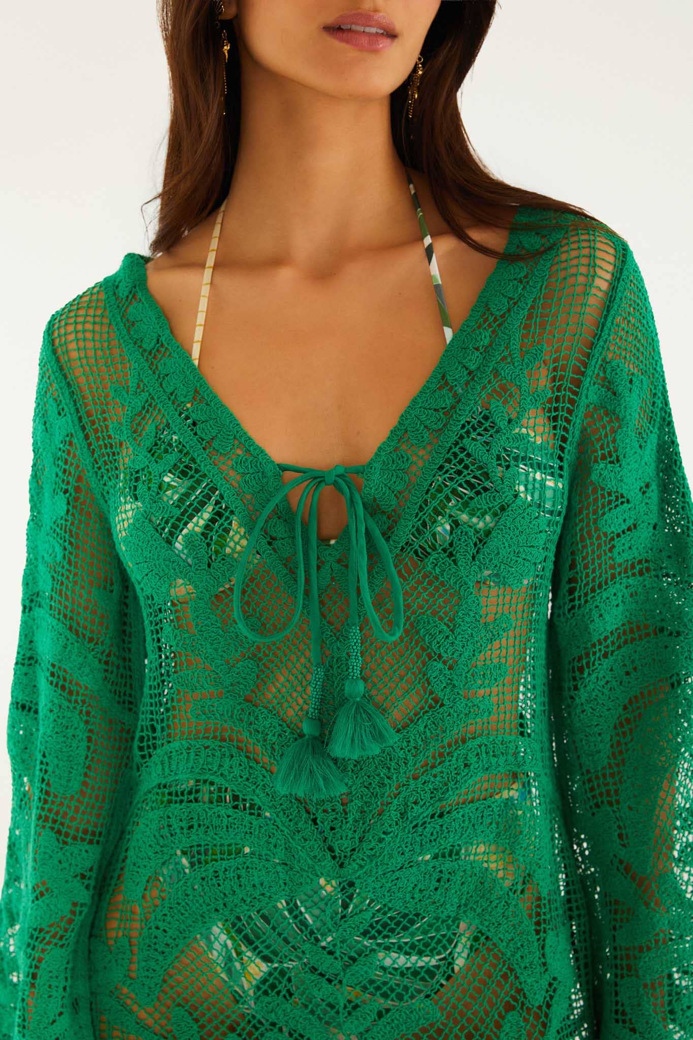 Vestido Mini Verde Richelieu con Espalda Transparente Abierta